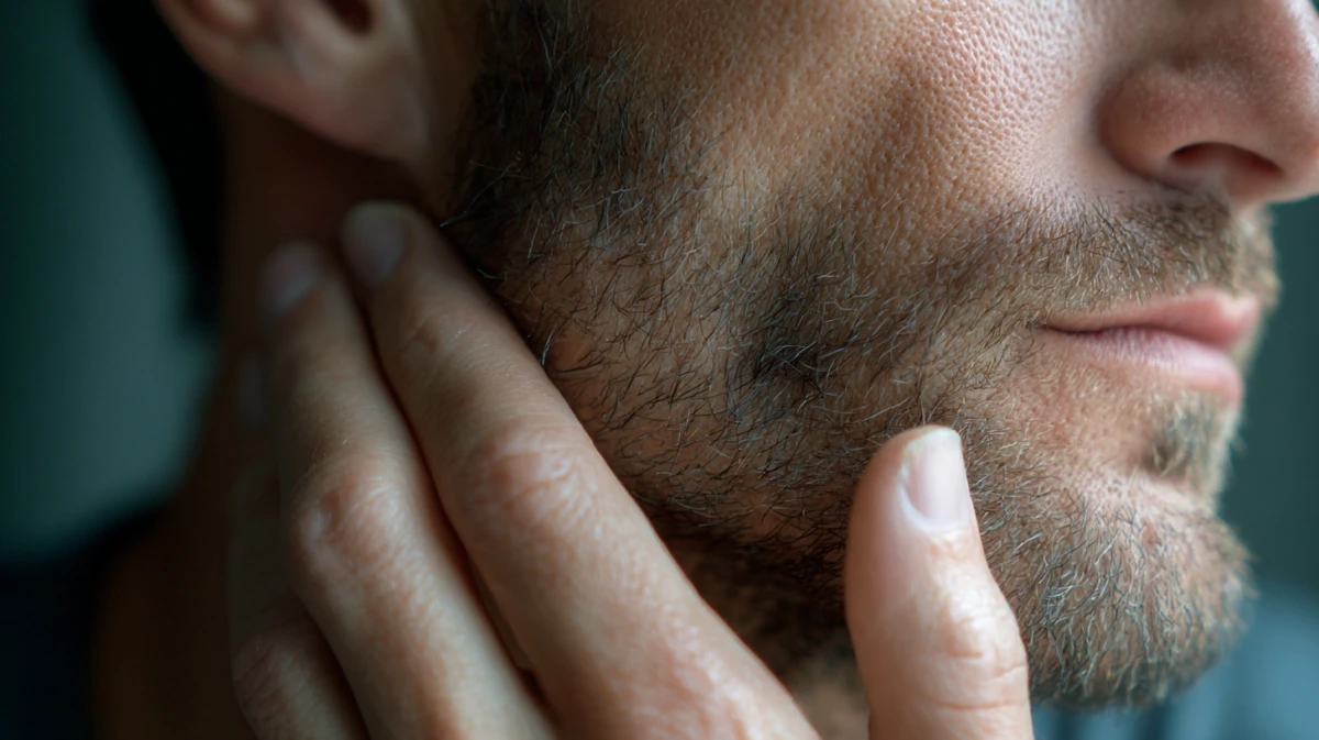 Close-up of a man clenching his jaw.