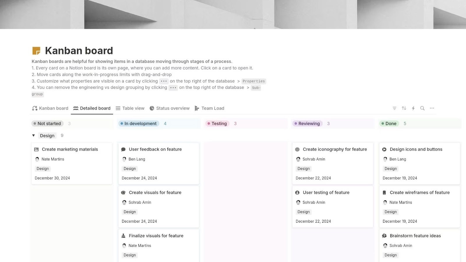 Notion's Kanban board in a connected workspace