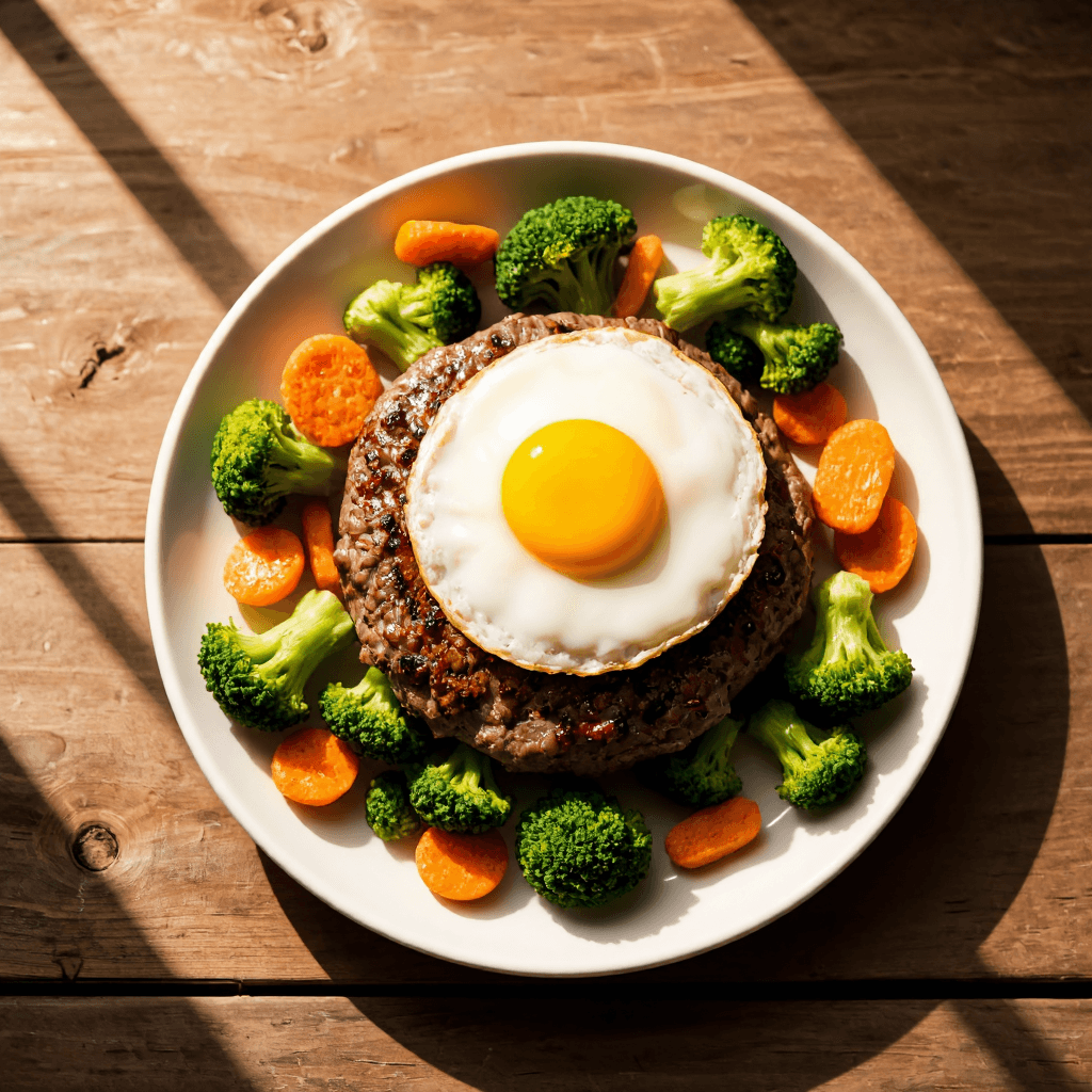 product photography of a plate of hamburger steak with a fried egg and vegetables