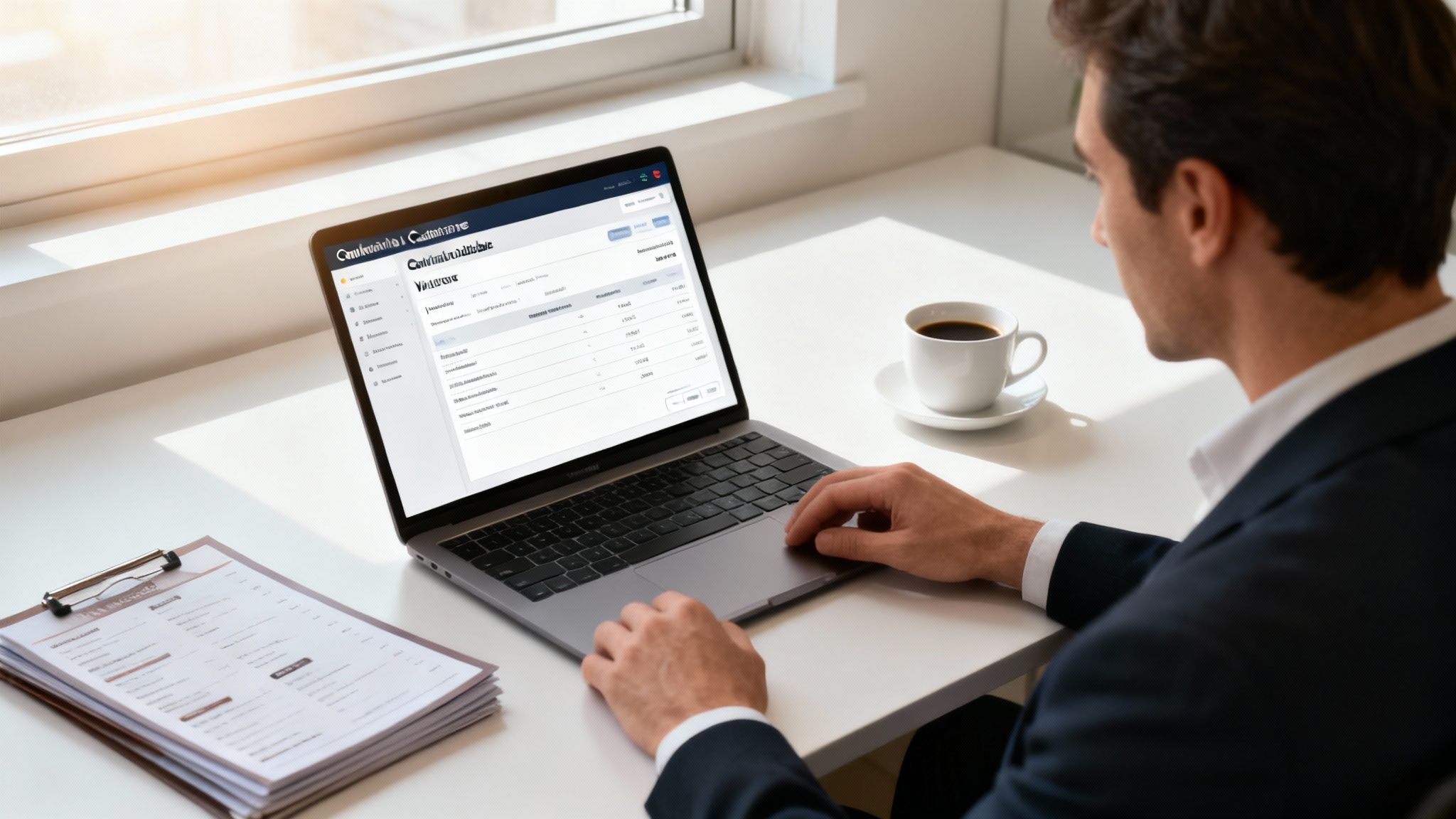 Hombre de negocios trabajando en su laptop en una oficina luminosa con café y documentos.