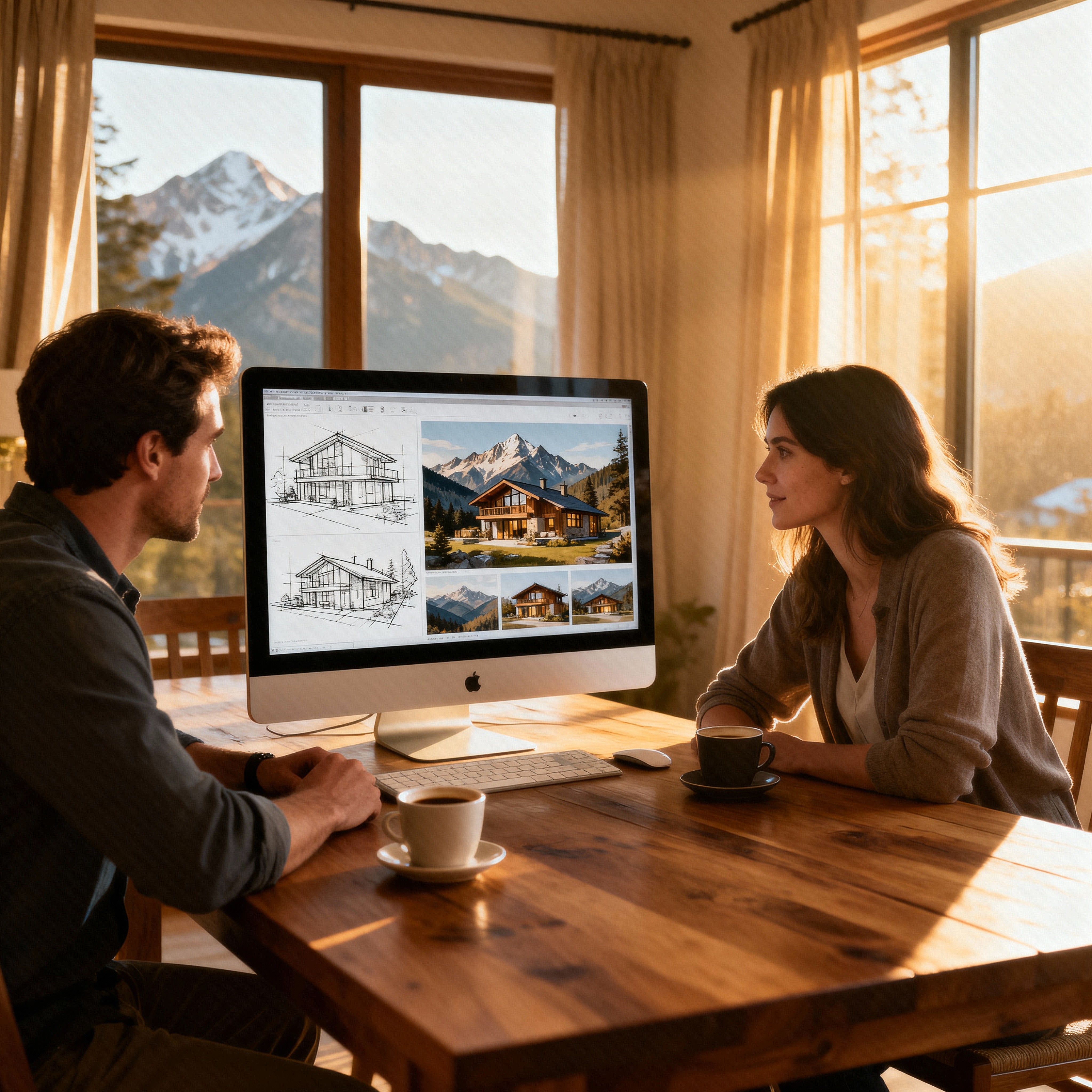 Design meeting in a mountain studio, architect presenting a digital concept on a widescreen monitor.
