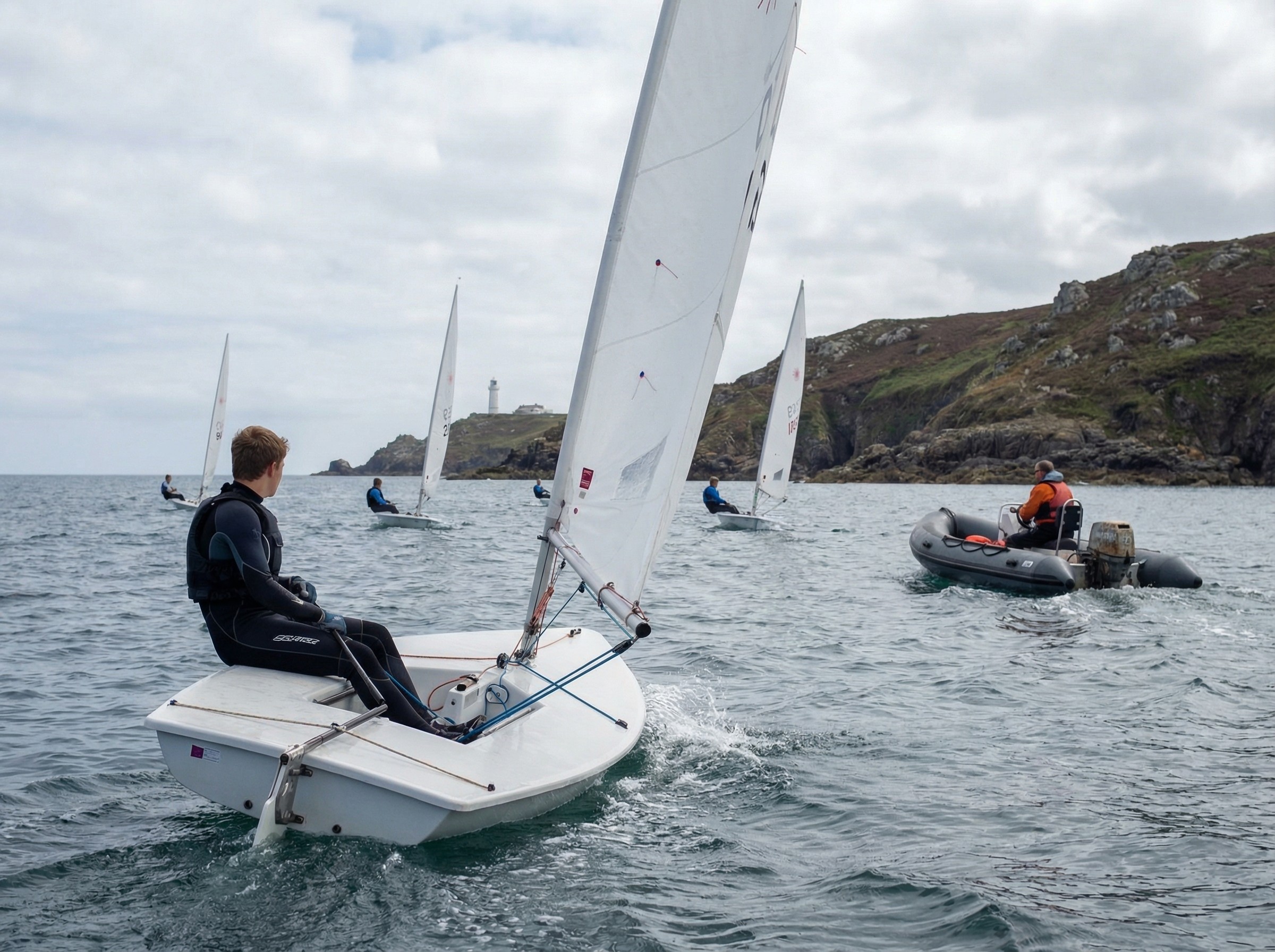 Mehrere Dinghies kreuzen vor der Küste, weiße Segel fangen eine frische Brise. Ein Begleitboot hält Abstand und beobachtet, wie ein Schüler die Halse sauber fährt. Spritzwasser glitzert, Rufe tragen über das Wasser, ein Leuchtturm zeichnet sich in der Ferne ab.