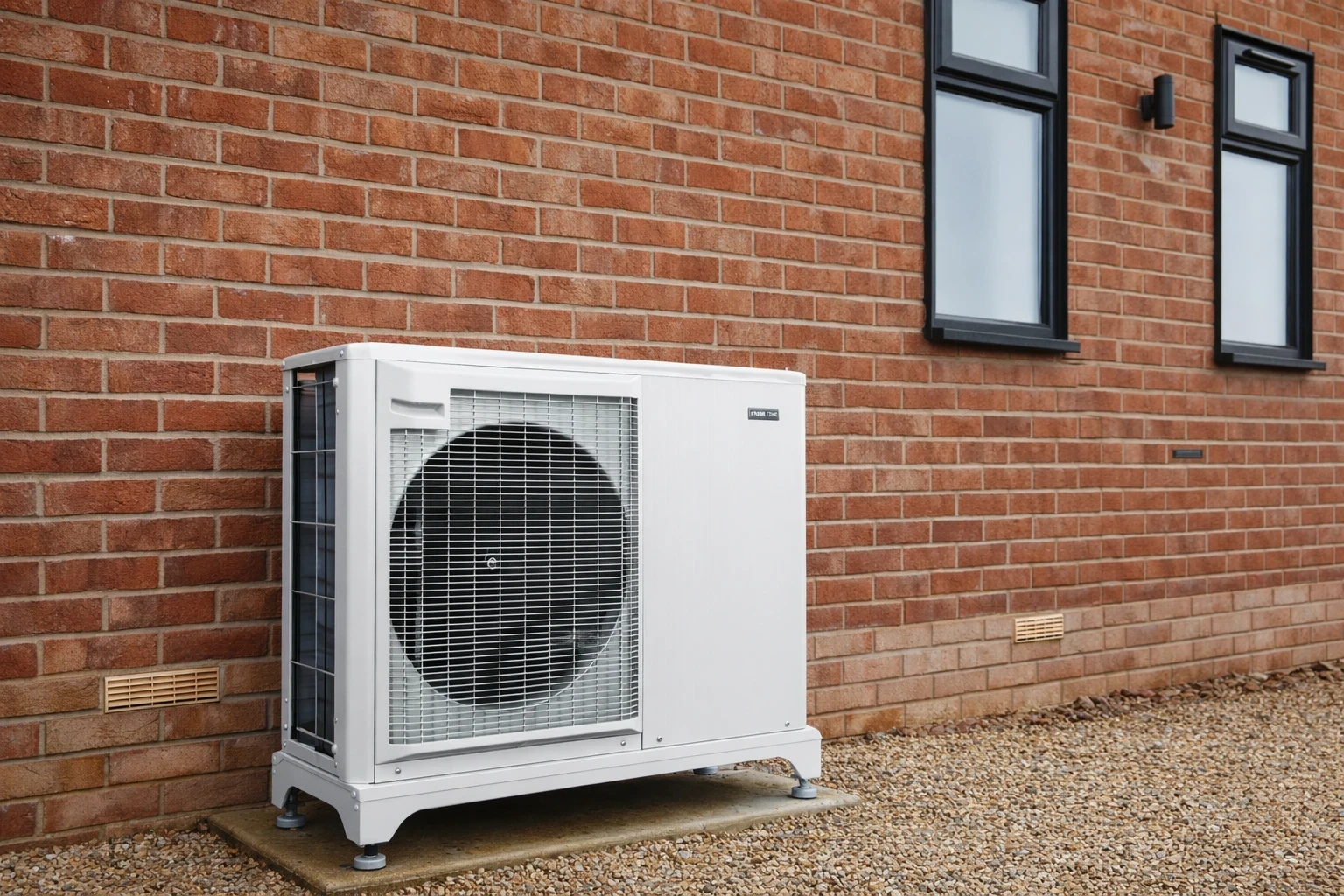 White air source heat pump unit installed on a concrete base beside a brick red house with dark cladding and gravel surround.