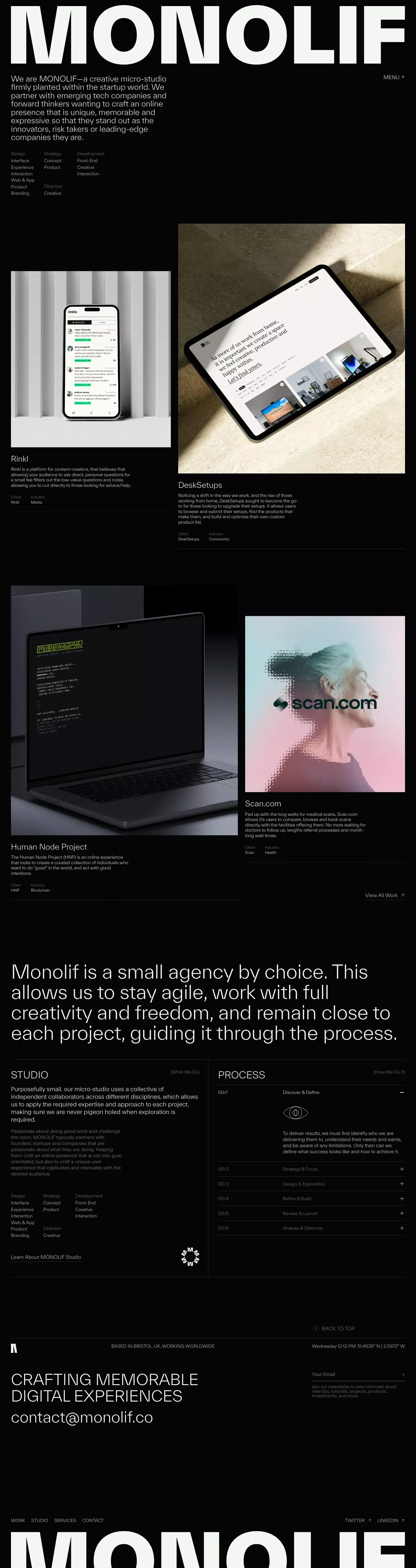 MONOLIF portfolio page screenshot showcasing Design and Tech design