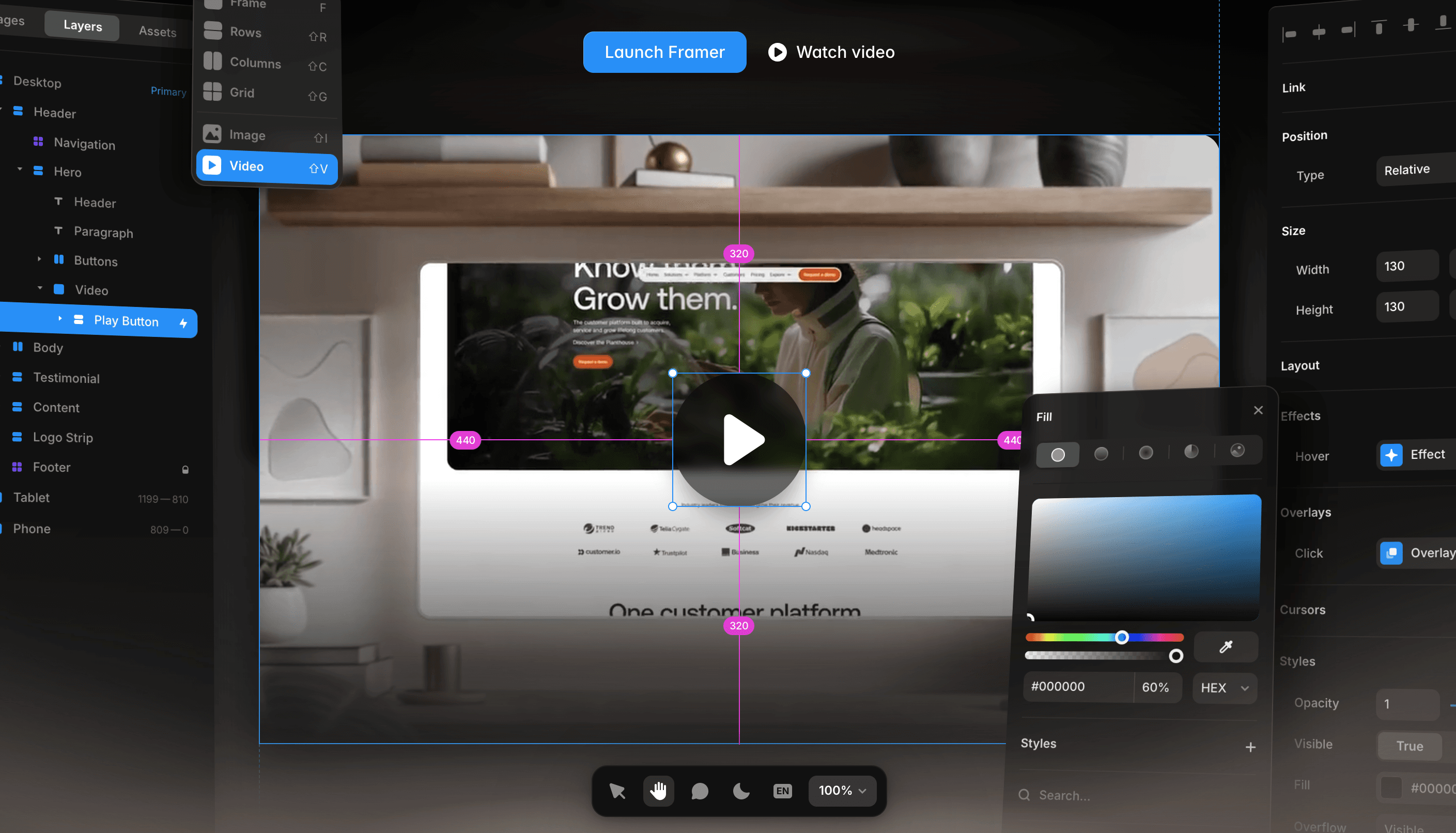 Framer's user interface, showcasing its drag-and-drop design tools, responsive layout options, and interactive prototyping features.