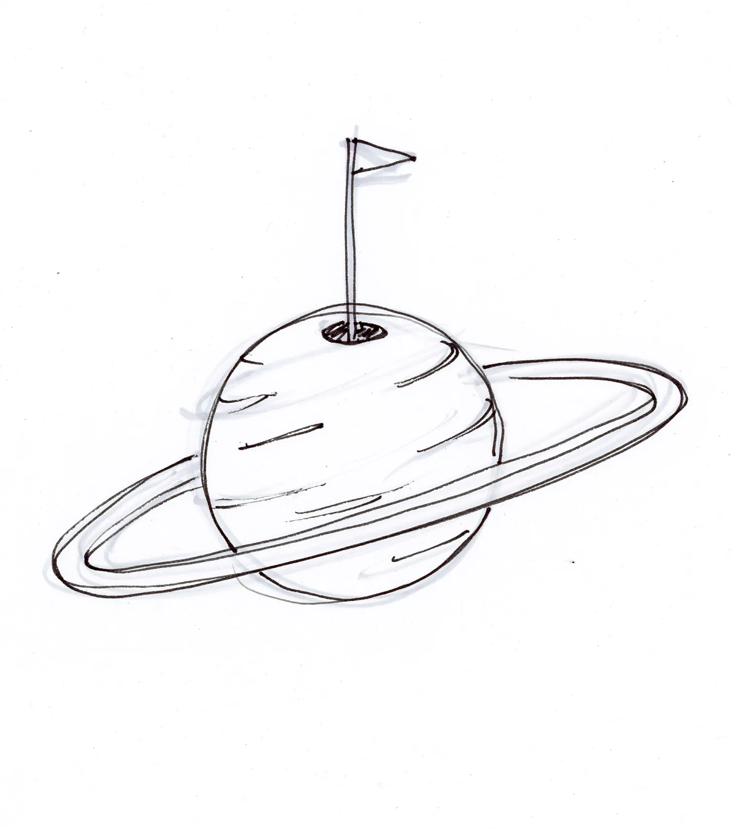Liteyear Golf sketch of a ringed planet with a golf flag