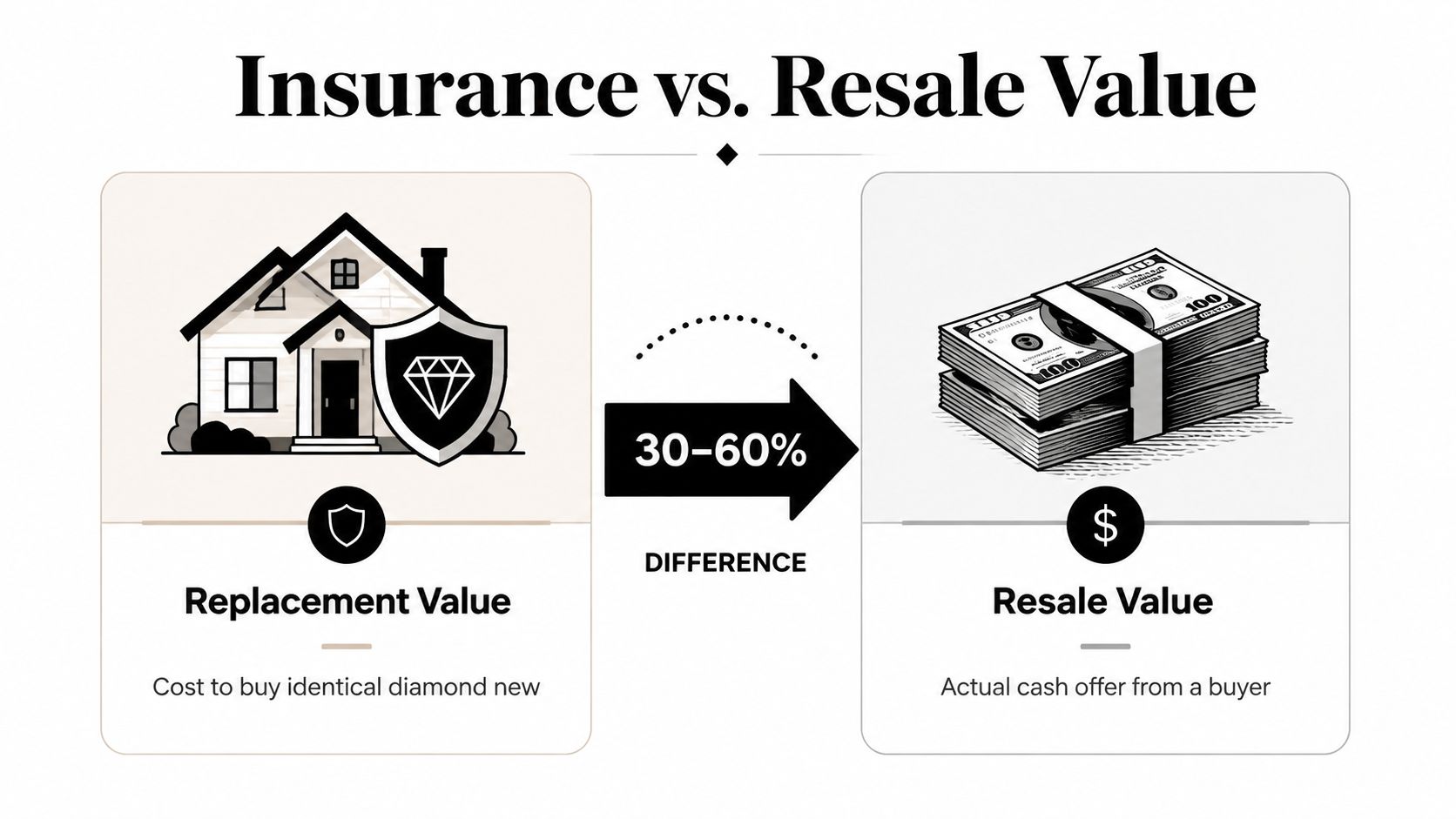 A diagram comparing the high replacement value of a diamond versus its lower resale value.