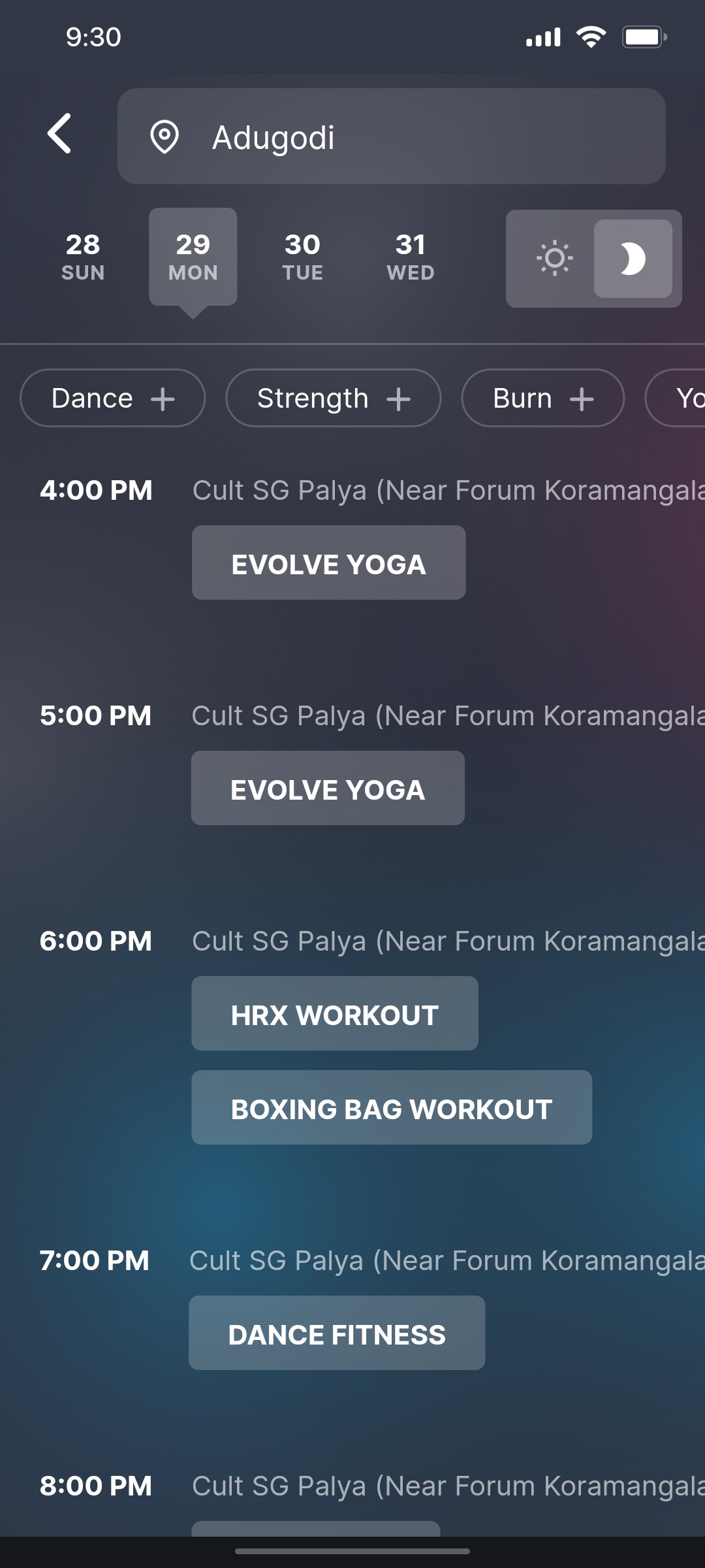Cult.fit App Search Month Screen