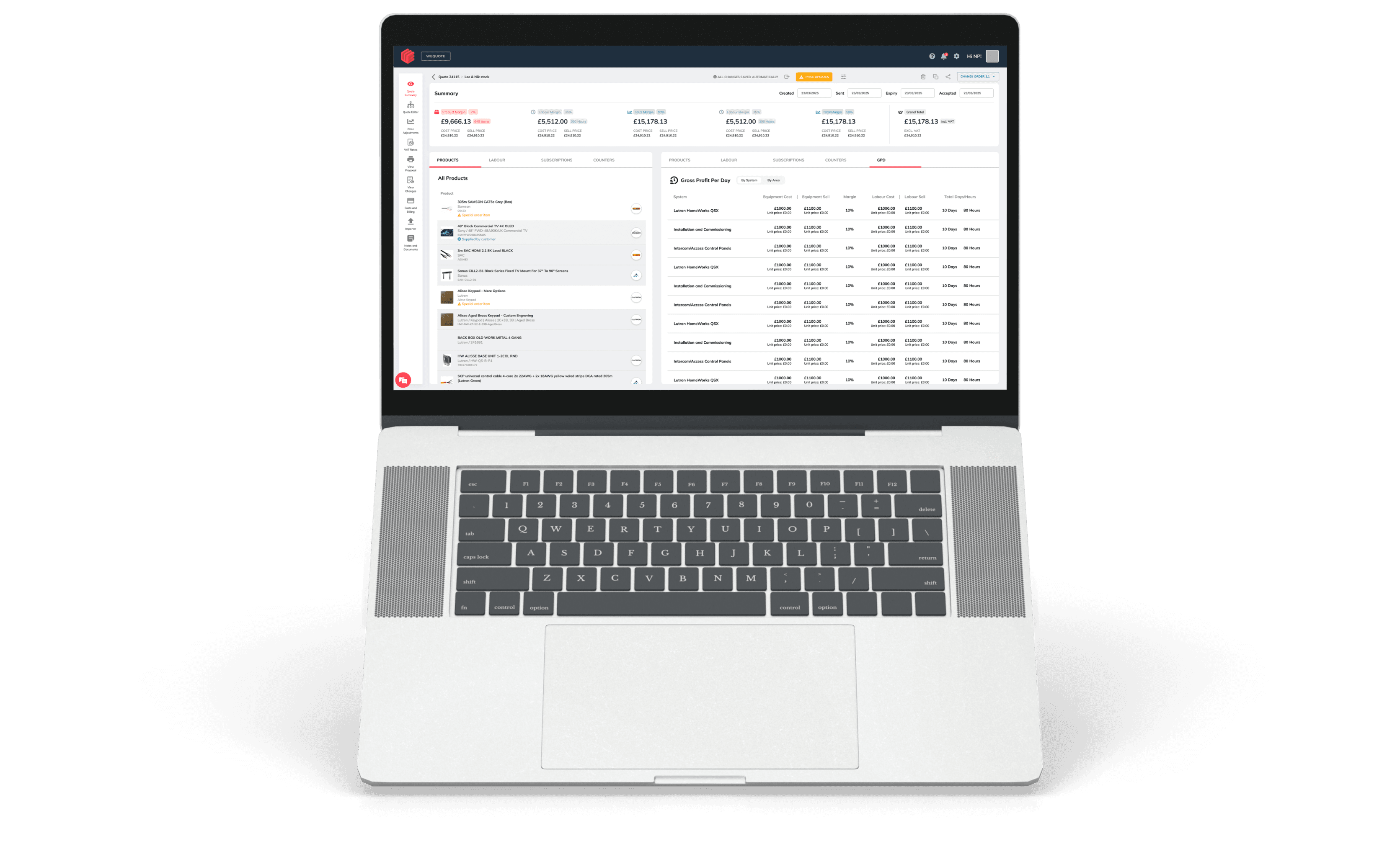 WeQuote interface showing itemised system pricing with product costs and labour rates