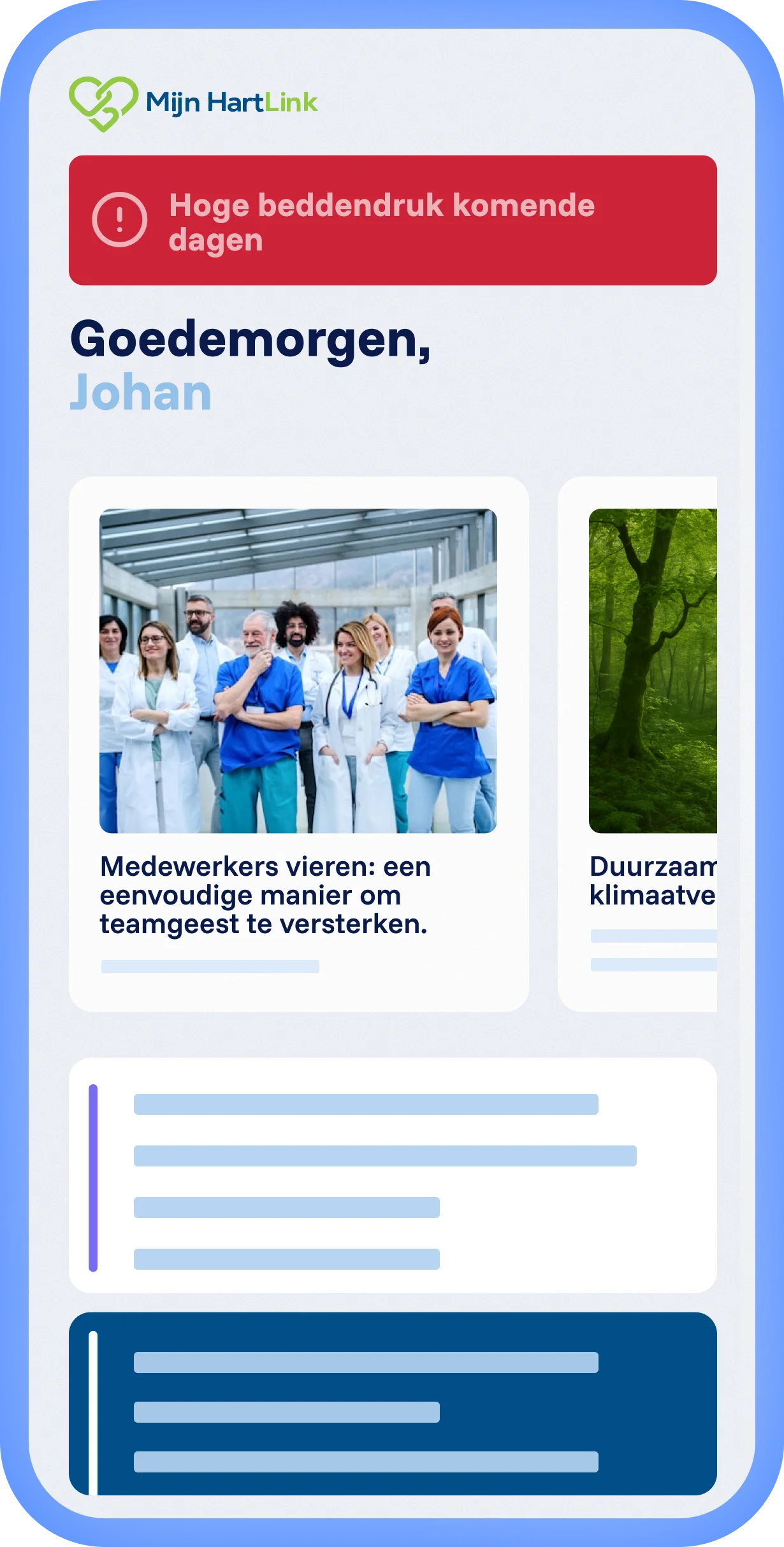 Spencer platform met lokale ervaring en eigen Van Laere branding, gepersonaliseerde feed met artikelen en overzichtelijke layout