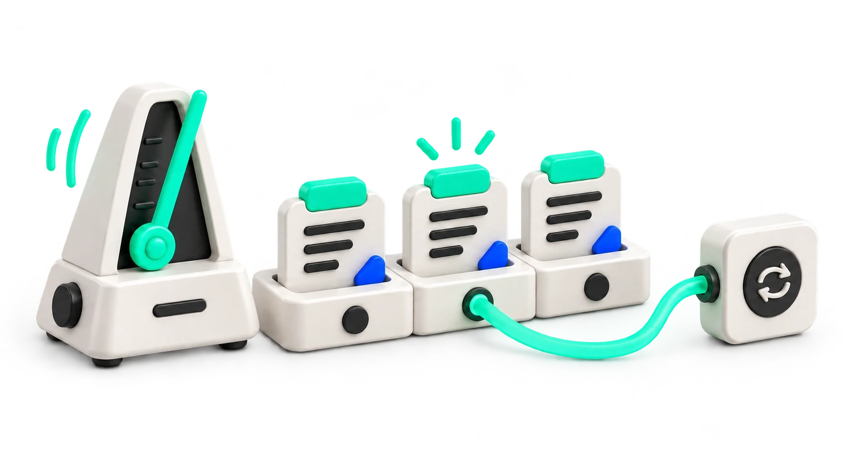 A tactile cadence mechanism advances the same priority through review and delivery.