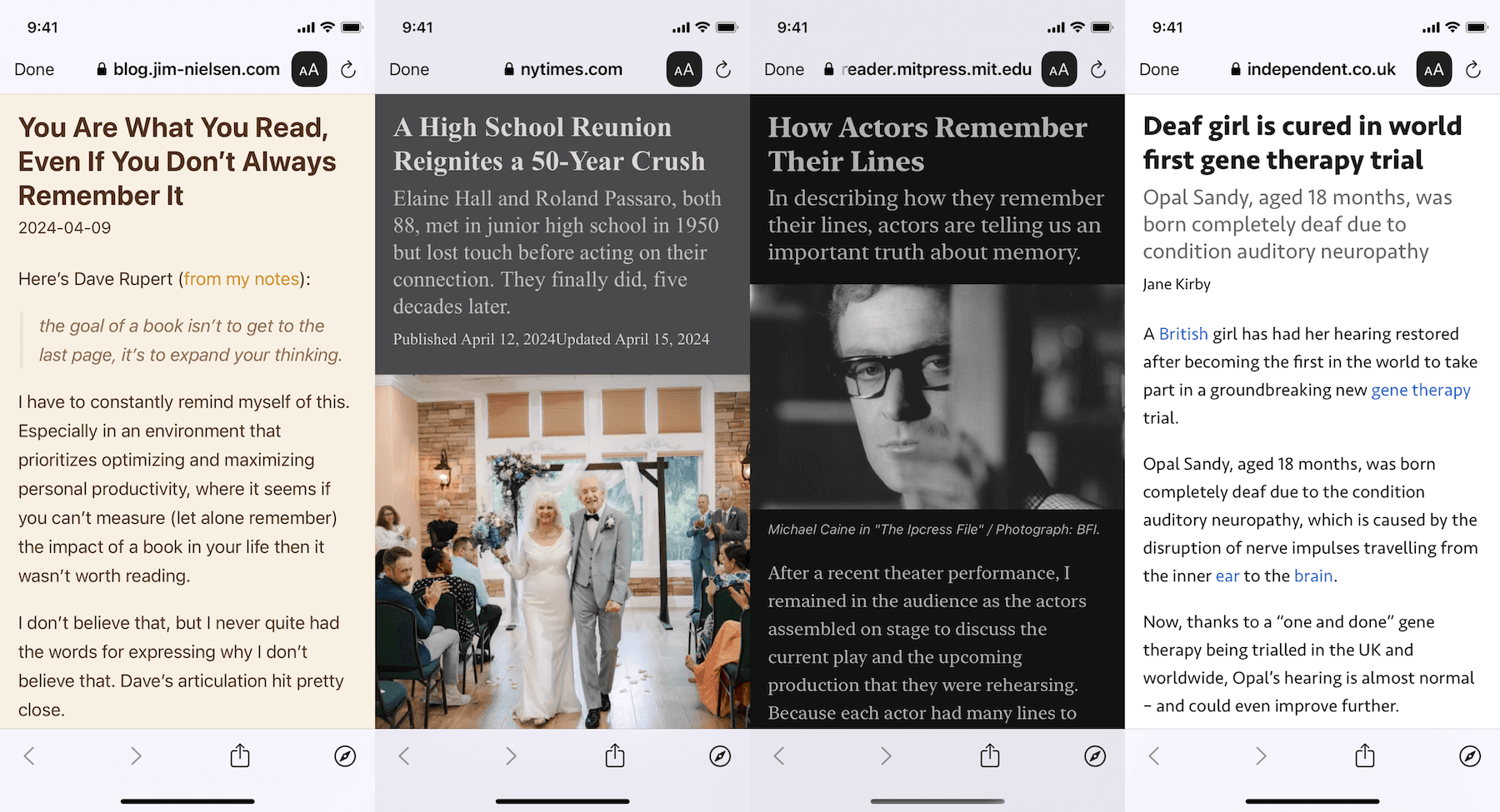4 styles of Reader Mode, displaying different articles