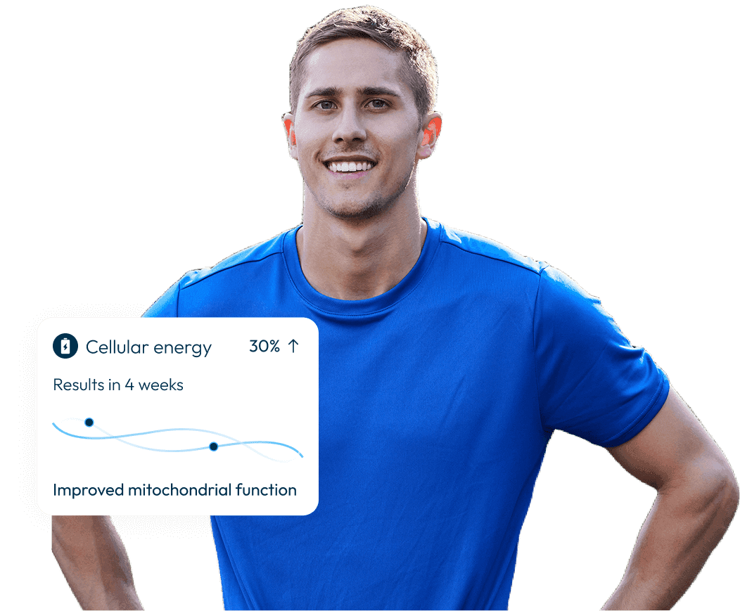 A man with an illustration of his health metrics improvement