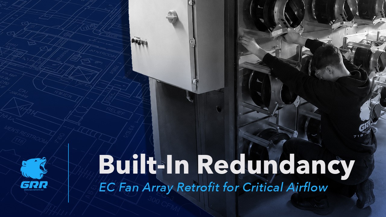 EC fan array retrofit for critical hospital HVAC airflow, showing built-in redundancy inside an AHU by GRR Cooling Experts.