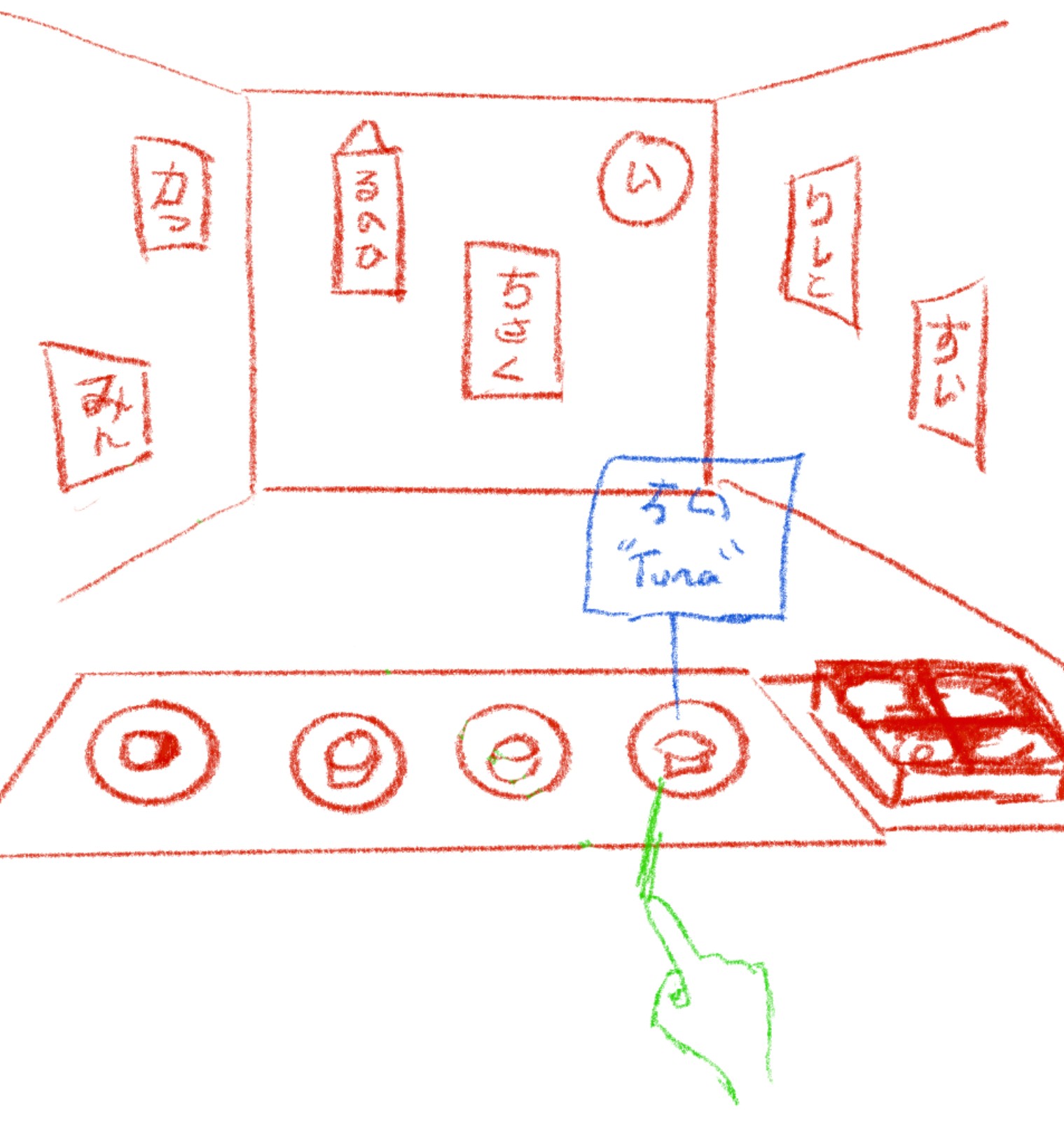 A sketch showing how an interaction within a VR game would show a text prompt when interacting with an object.
