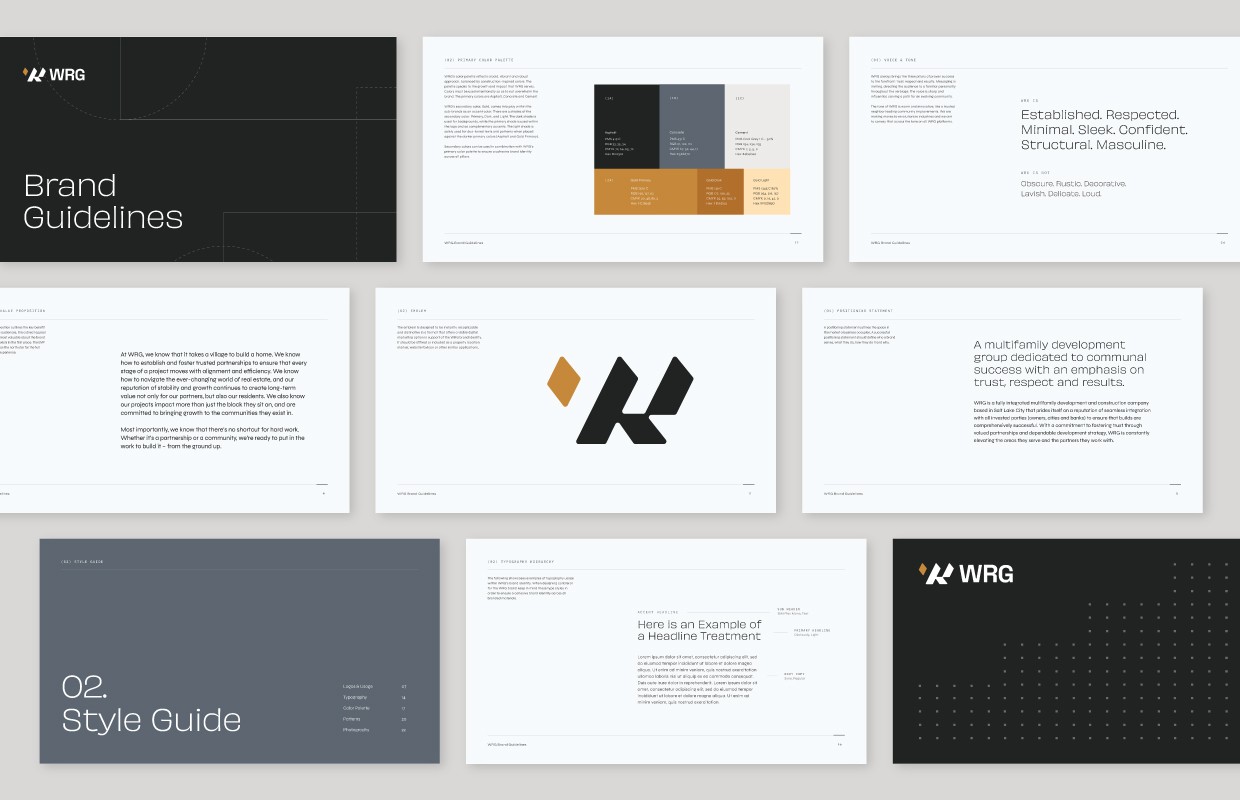 Various pages of the WRG brand standards guide.