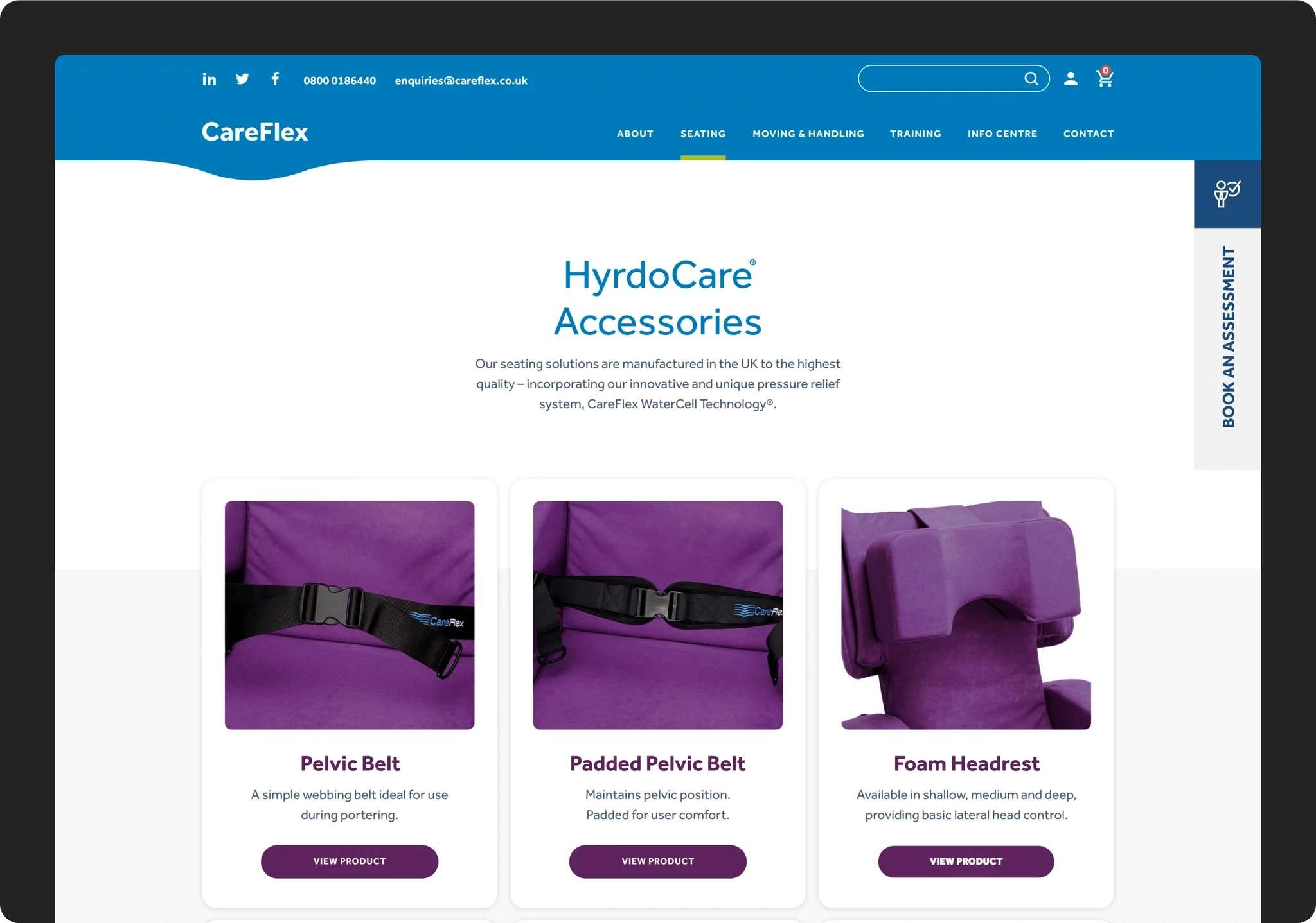 Set of CareFlex Screens showing product pages, info centre guidance, blog articles and landing pages