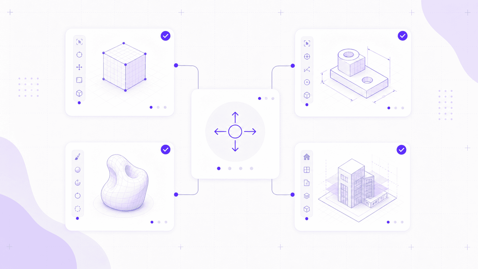 Illustration of different 3D modeling workflows, showing mesh modeling, CAD design, sculpting, and architecture cards connected to a central decision icon