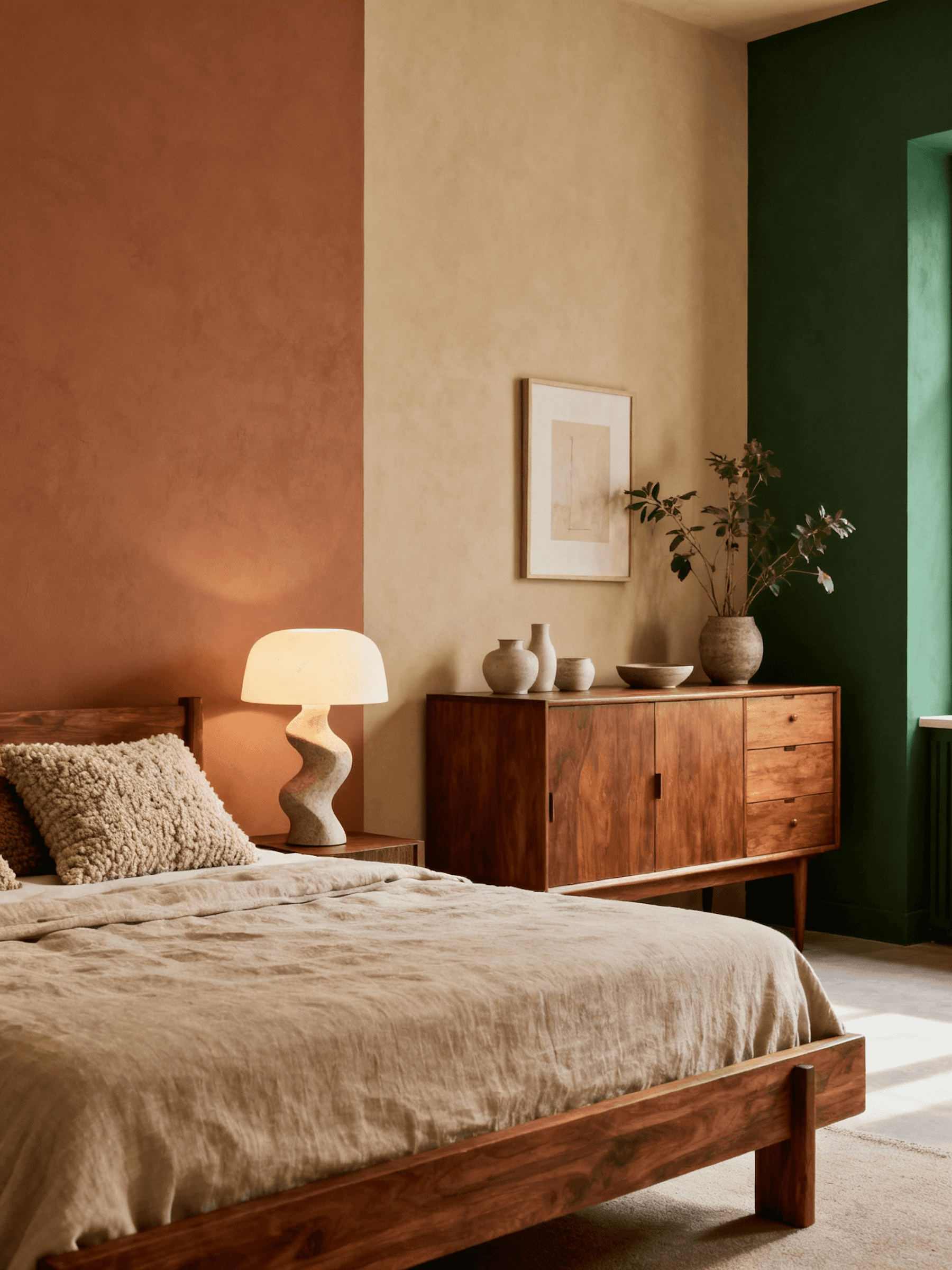 Warm mid-century bedroom with terracotta and green color-blocked walls, wooden platform bed, sculptural table lamp, vintage credenza, and textured throw pillows
