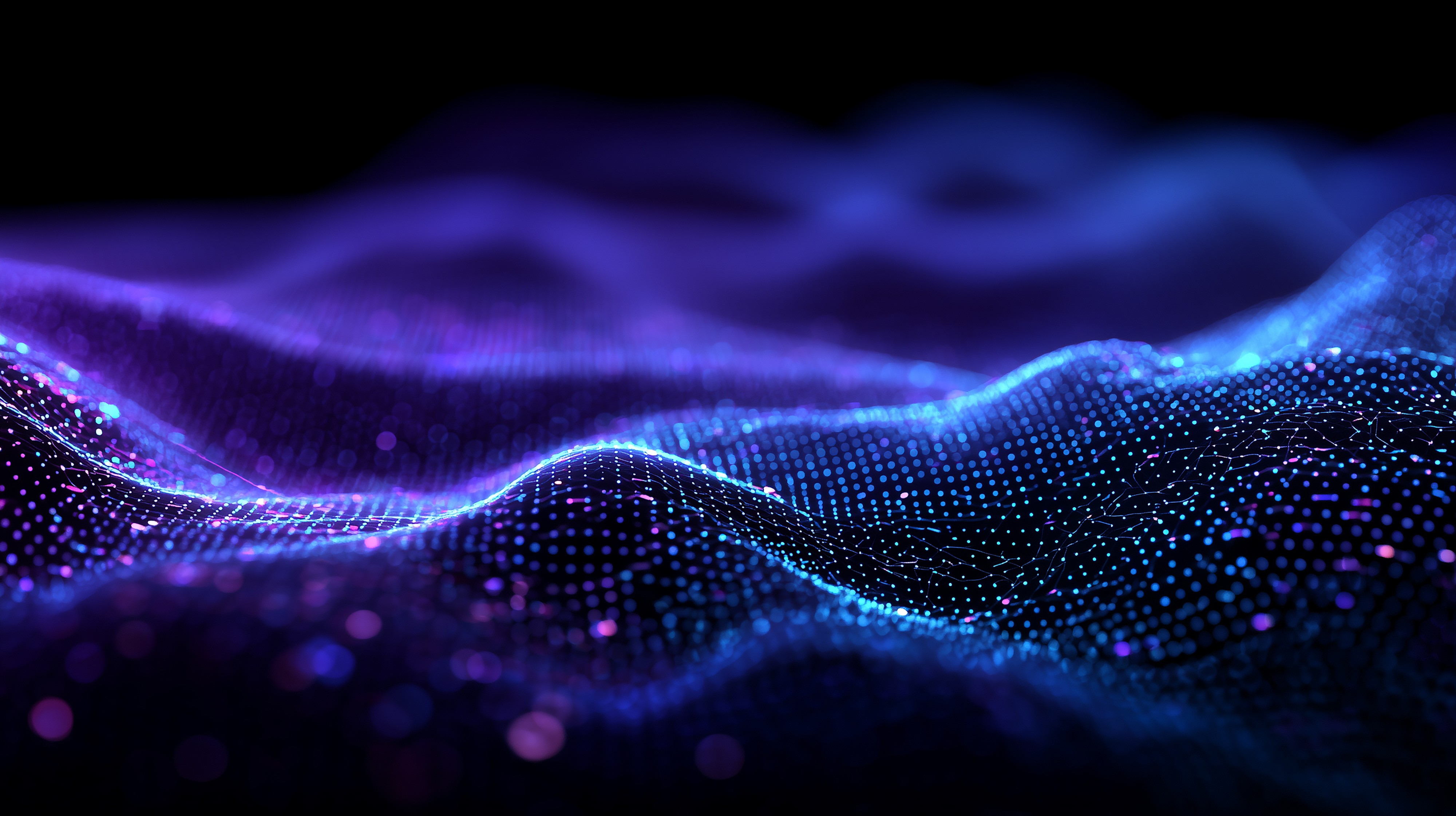 An abstract field of connected dots forming dynamic waves, visualizing big data analytics networks machine learning signals and complex system behavior for predictive intelligence.