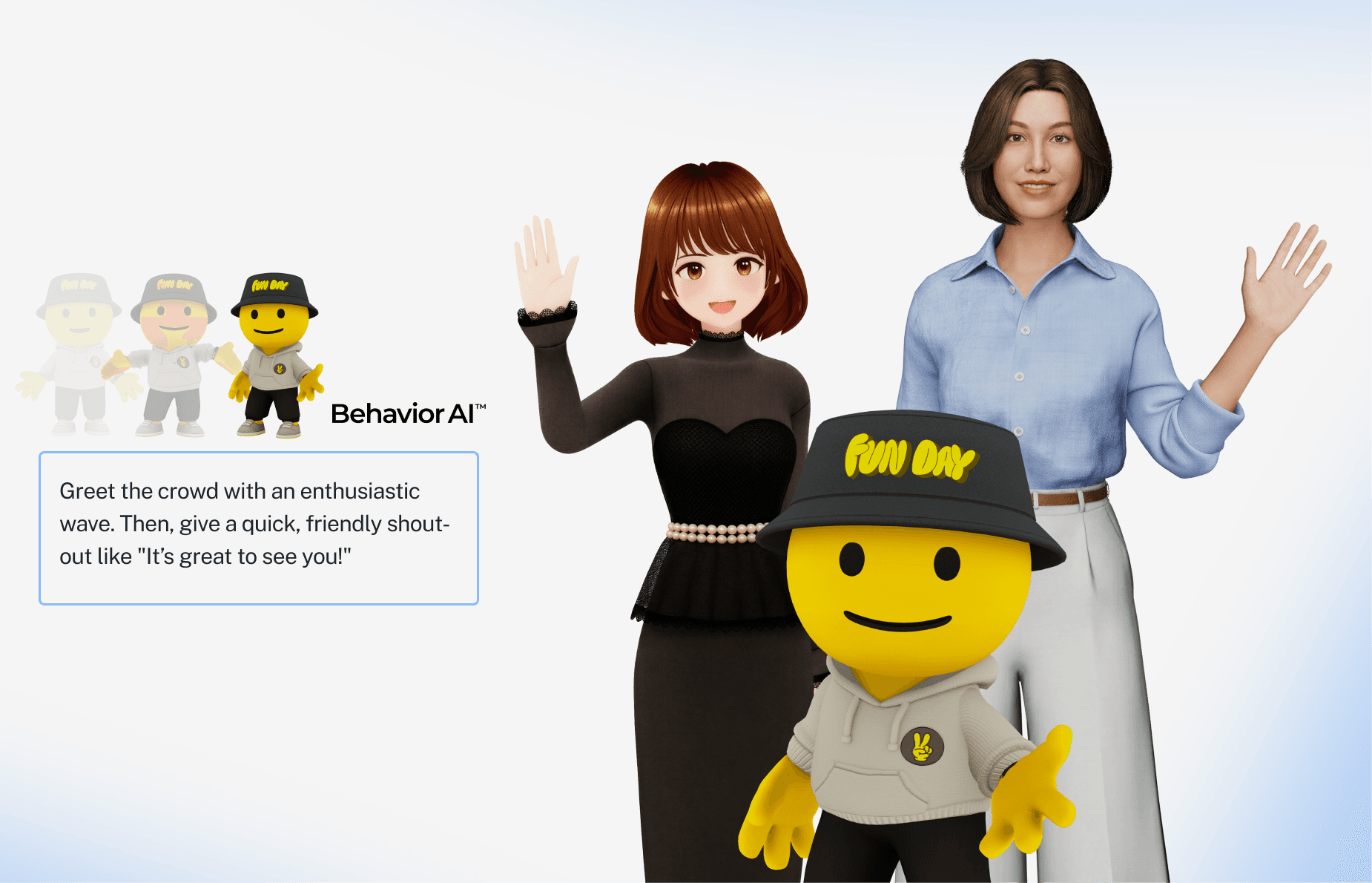 Three expressive 3D avatars, showcasing different personas and styles, powered by Perxona's Behavior AI™ technology.