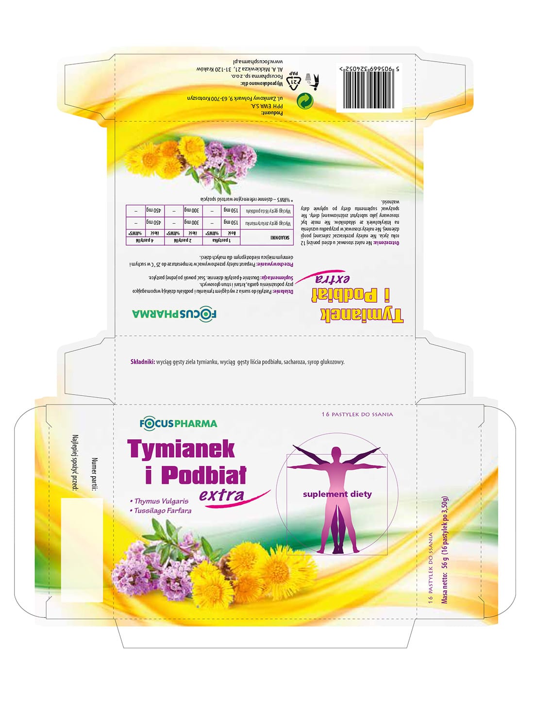 Opakowanie suplementu ziołowego „Tymianek i Podbiał Extra” z kolorowymi ilustracjami tymianku i podbiału, fioletowym tekstem oraz sylwetką osoby na białym tle