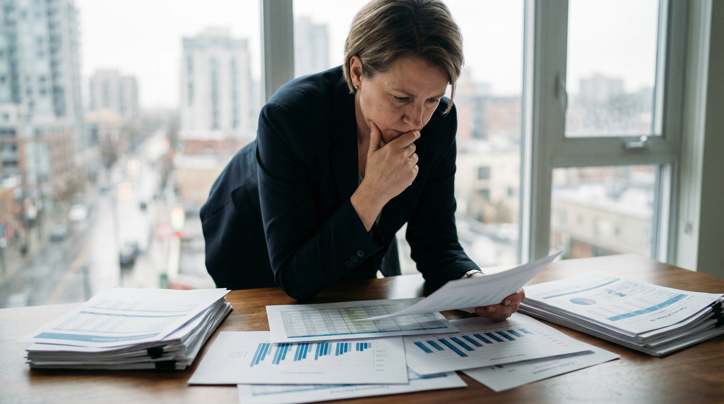 Woman in a suit leaning over a desk examining printed bar charts and data reports spread across the surface.