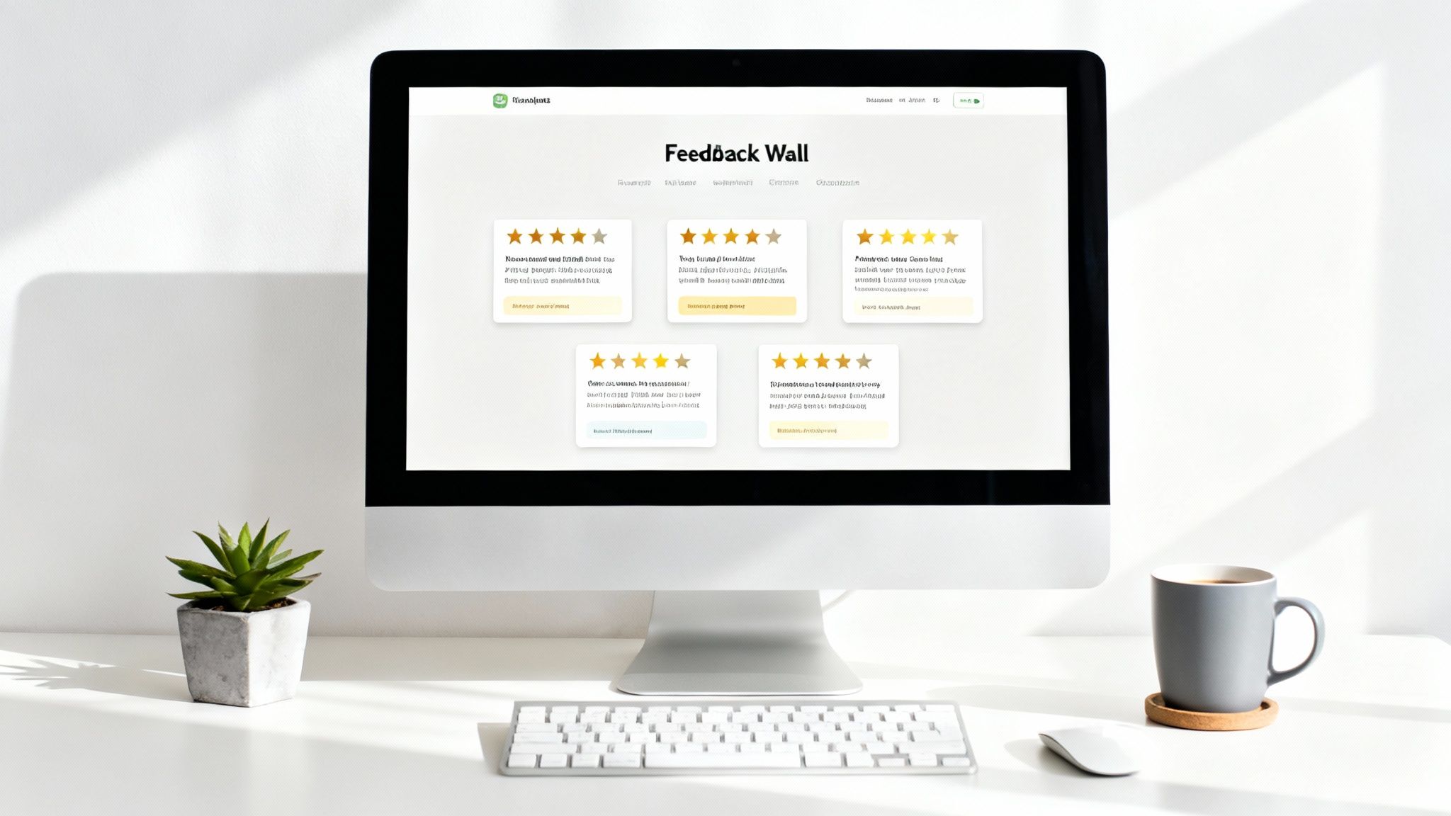 A desktop computer displays a 'Feedback Wall' webpage with star-rated customer reviews on a bright desk.