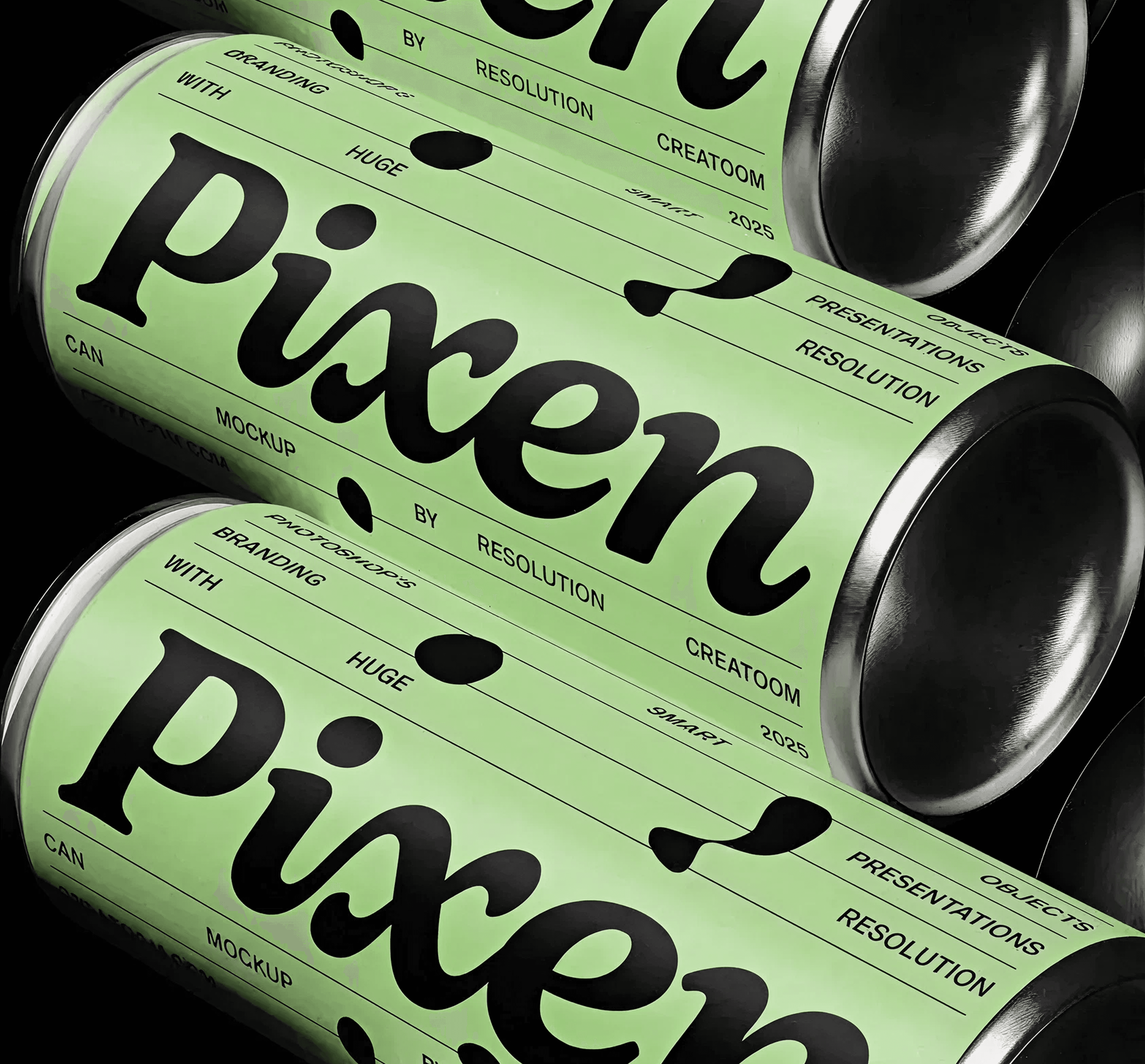 Three green aluminum cans labeled 'Pixen' arranged diagonally with branding text