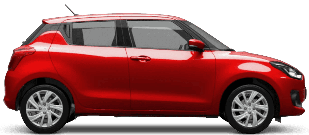 Side view of a shiny red compact car with silver wheels and visible door handles, available for Hyderabad car rental, displayed on a transparent background.