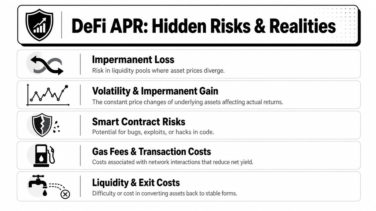 An infographic titled DeFi APR: Hidden Risks & Realities listing five common financial risks in decentralized finance.