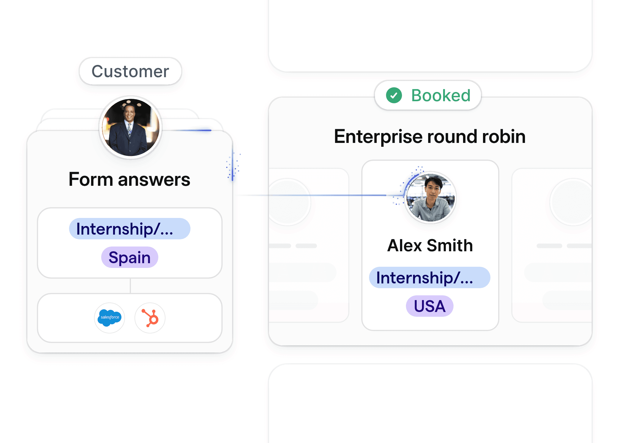 Attribute-based routing example for internship and co-op candidate placement, showing candidate origin and assignment details.