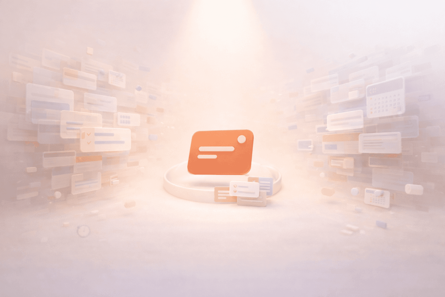 Minimalistische 3D-Illustration mit einer korallfarbenen Aufgabenkarte im Zentrum, die auf einer kleinen Plattform schwebt und von wenigen geordneten Aufgaben- und Kalenderelementen umgeben ist. An den Rändern schweben viele halbtransparente Interface-Karten, Tabs und Dashboard-Elemente, die sich überlappen und teilweise im warmen creme-beigen Hintergrund verblassen, wodurch der Übergang von Tool-Chaos zu einem schlanken Workflow dargestellt wird.