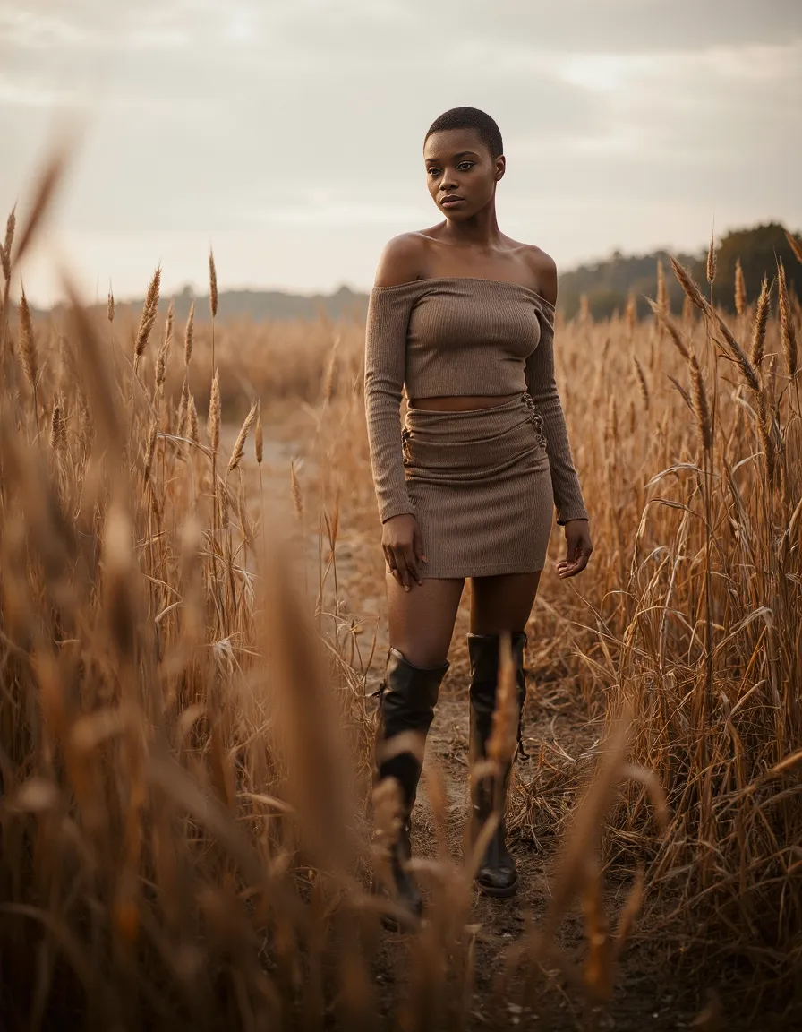 Elegant fashion portrait in golden wheat field at sunset featuring earth-toned two-piece outfit and tall boots on dirt path