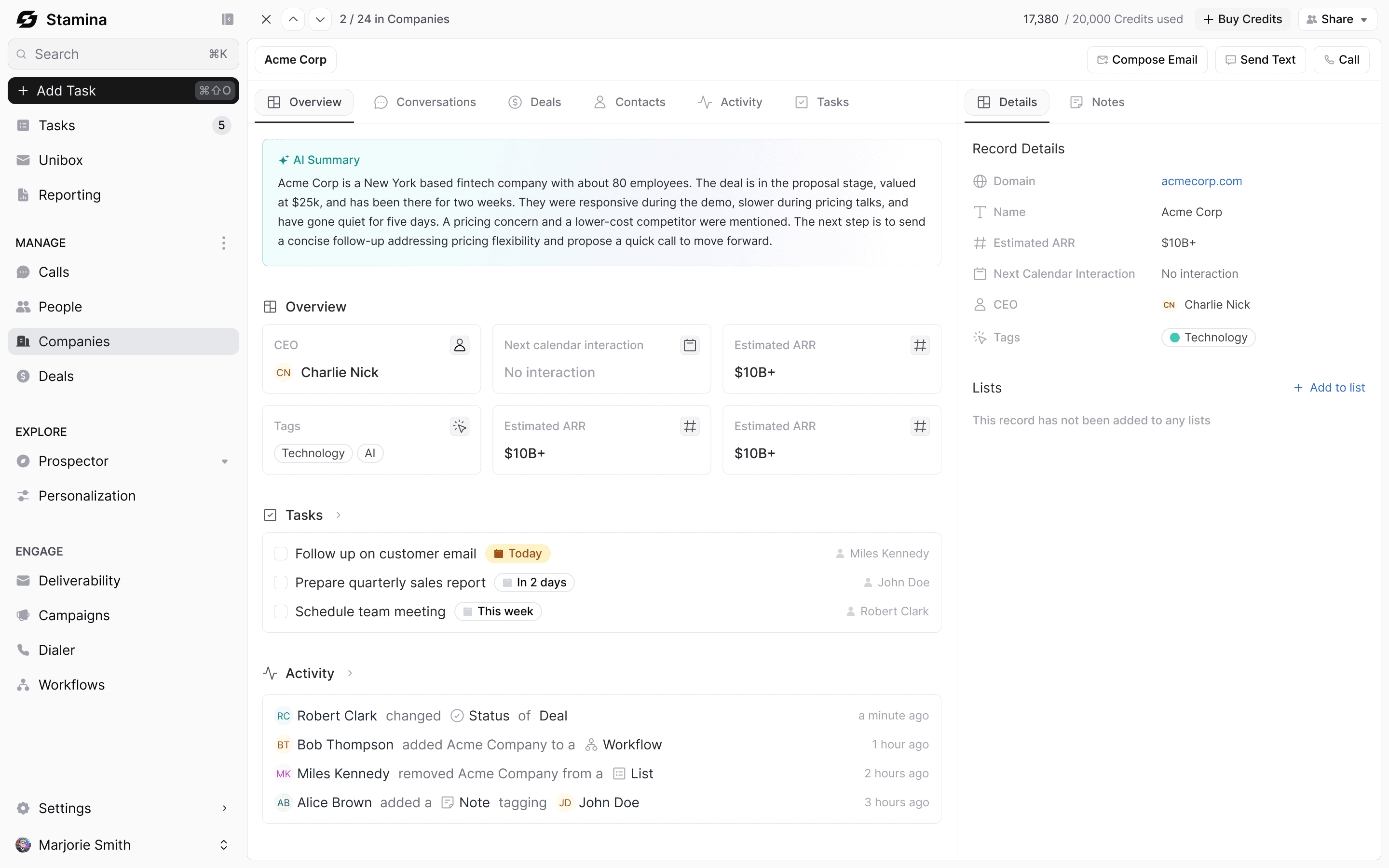 Stamina record page showing contact history, deal activity, tasks, and associated details in one place