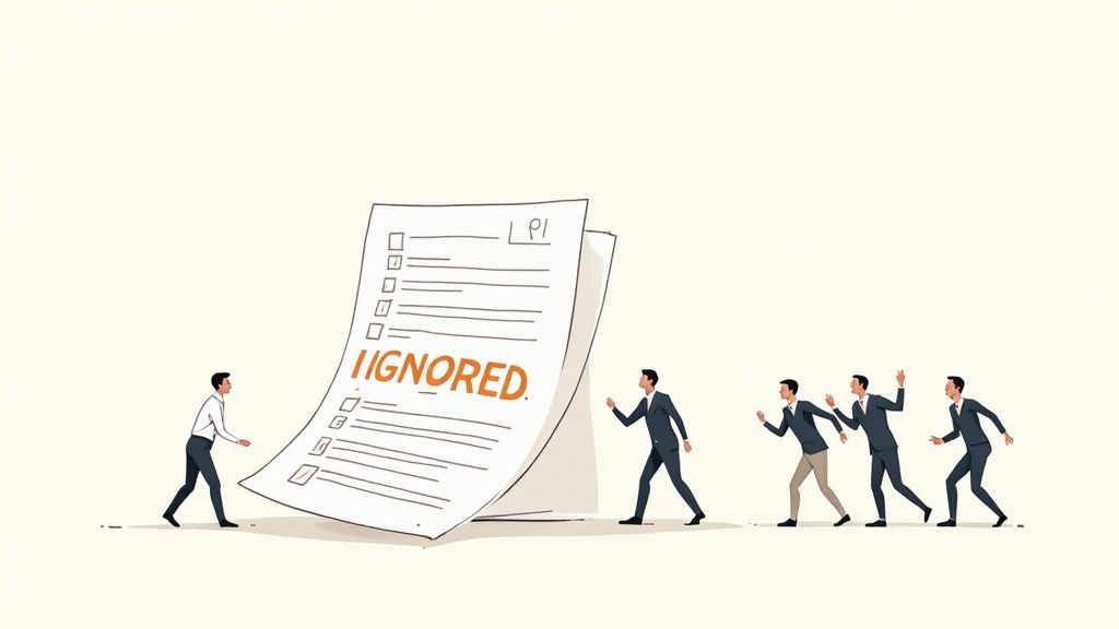 A man pushes a giant checklist with 'IGNORED' written on it, while businessmen walk away.