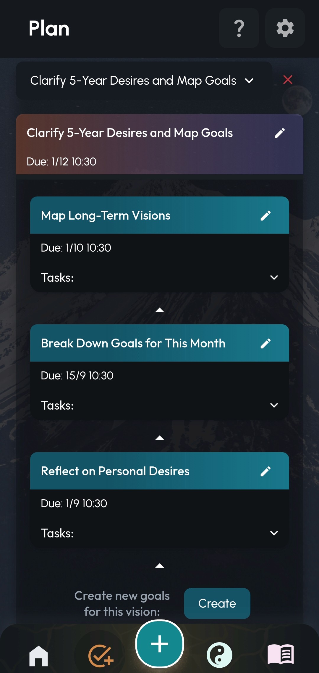 Eiren AI workspace highlighting the Visions tab, where users can create and track goals with AI-generated tasks and projects.