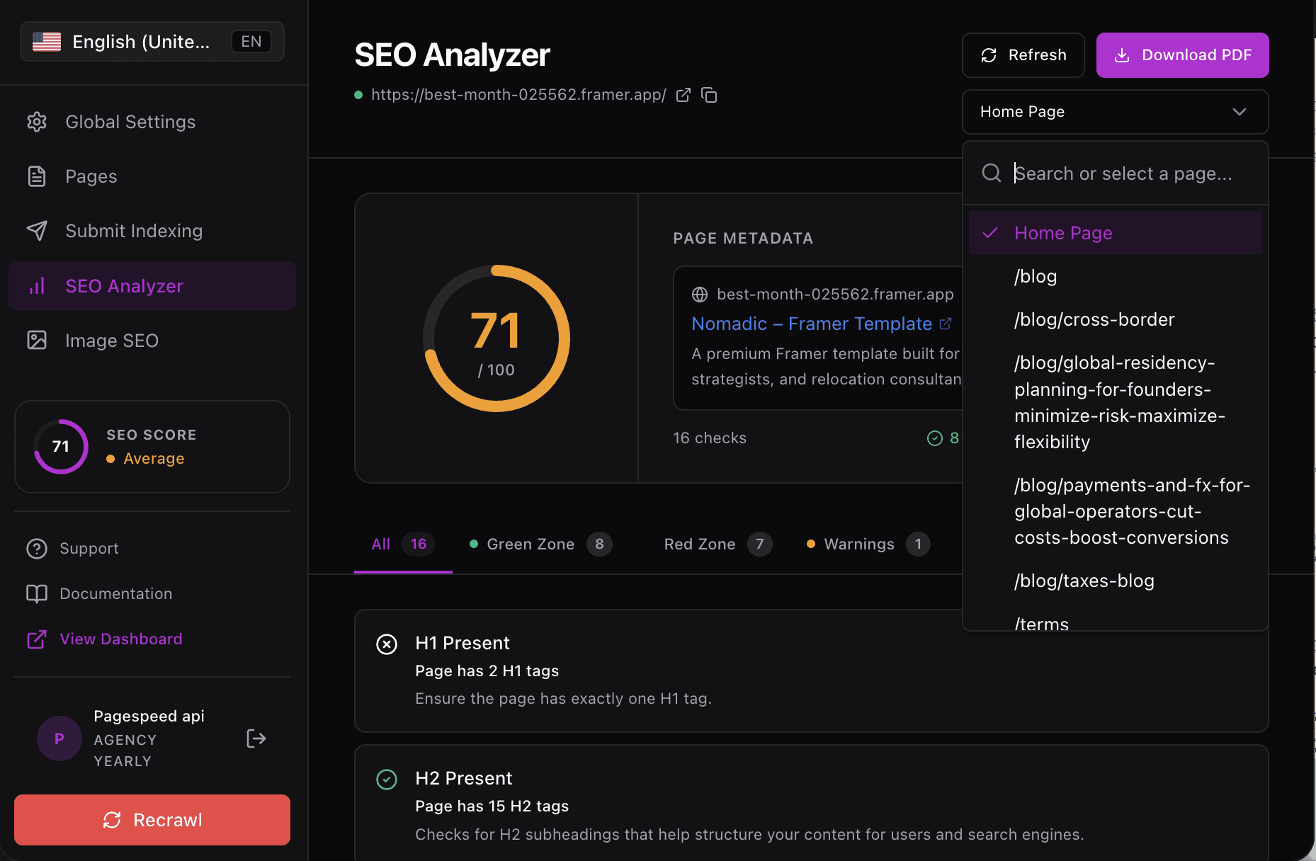 The SEO Analyzer page picker, letting you switch which page is being analysed