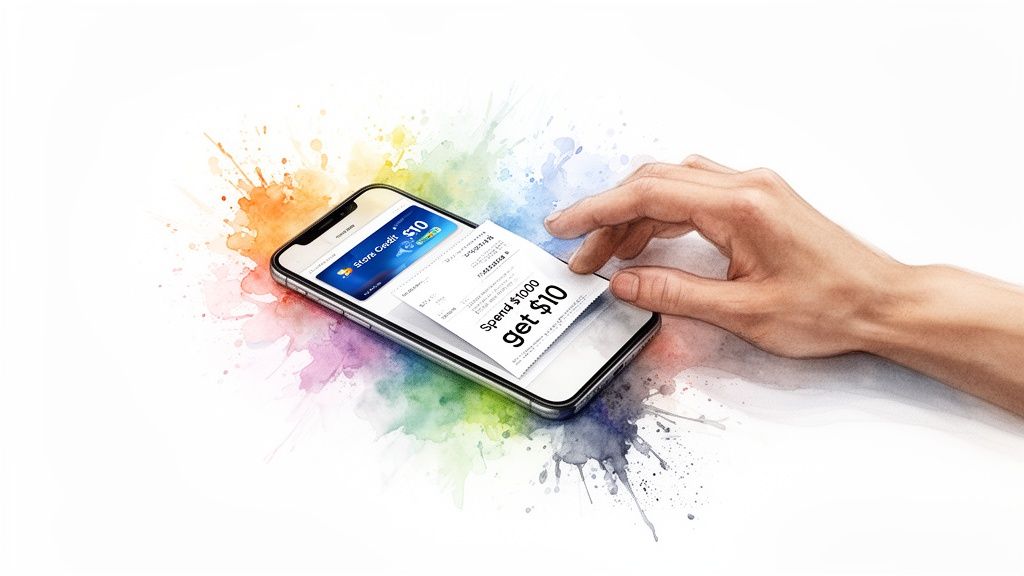 A hand interacts with a smartphone displaying digital store credit and a coupon offer, surrounded by colorful watercolor splashes.