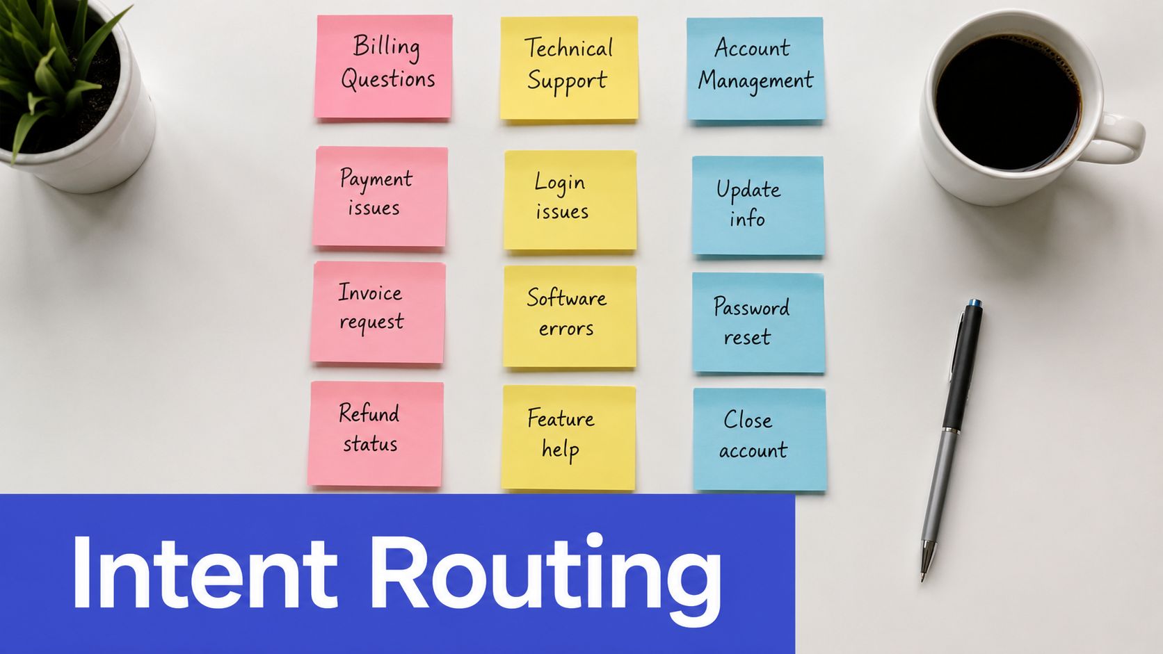 A top-down view of a desk featuring sticky notes organized by categories for intent routing systems.