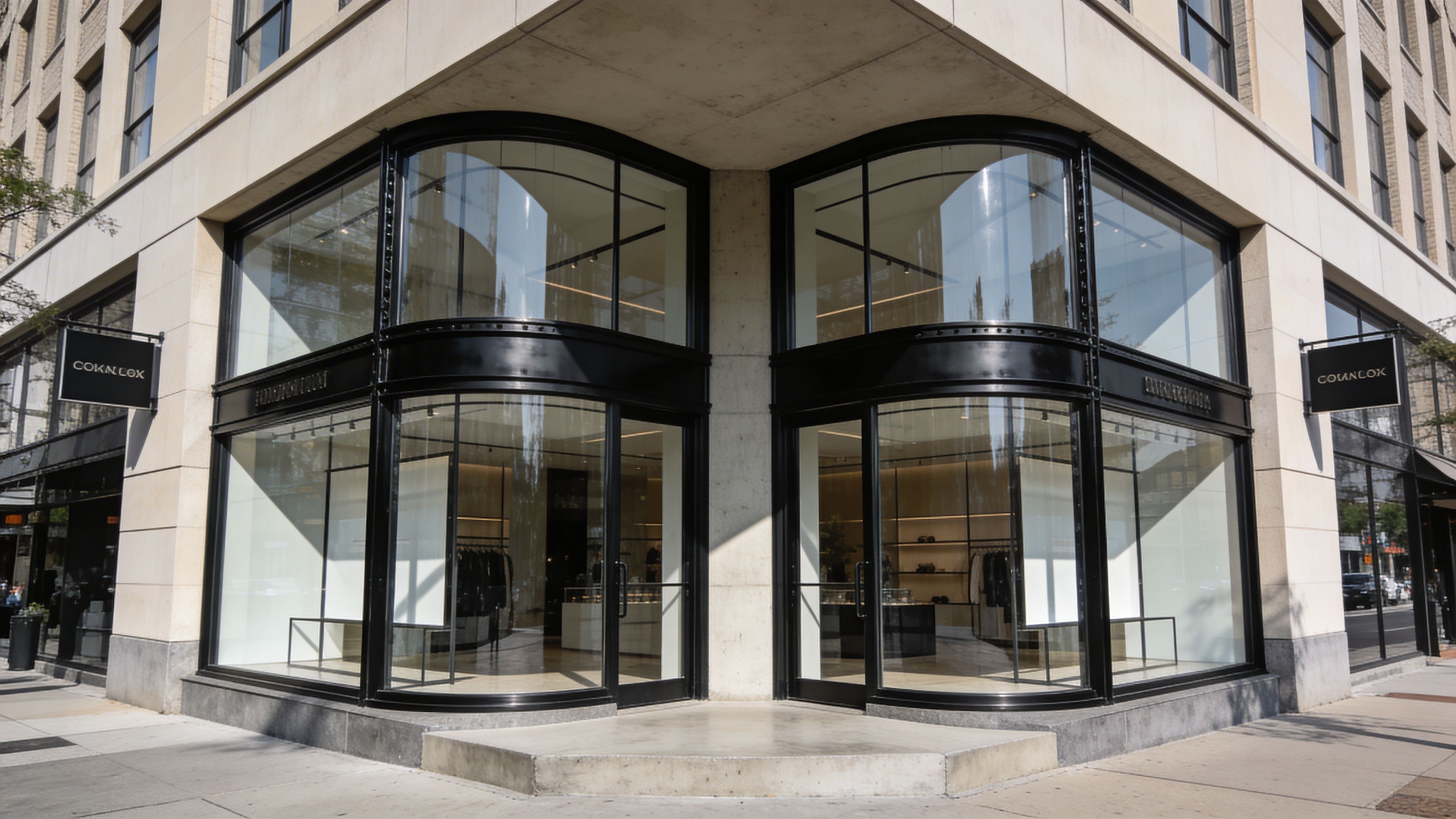 Corner retail storefront with curved glass facade and premium street-facing entrance