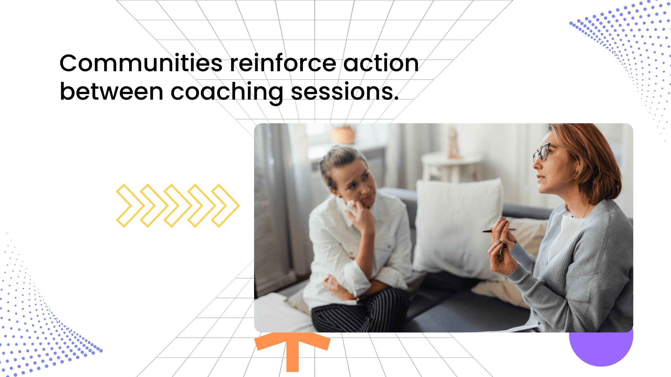 Coach and client in a one-on-one conversation with text explaining communities reinforce action between sessions.
