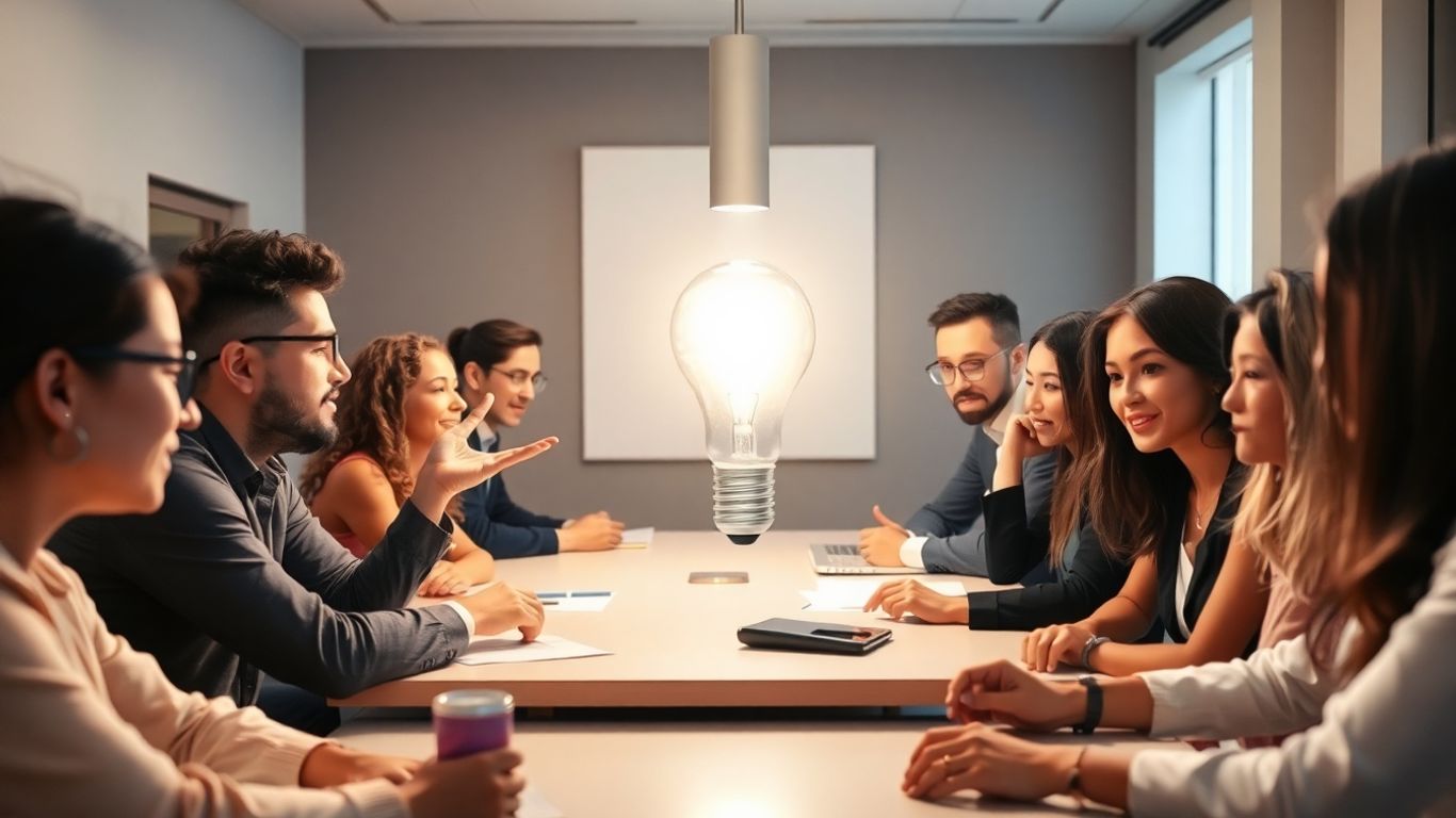 Team discussing a bright idea, illuminated lightbulb above table.