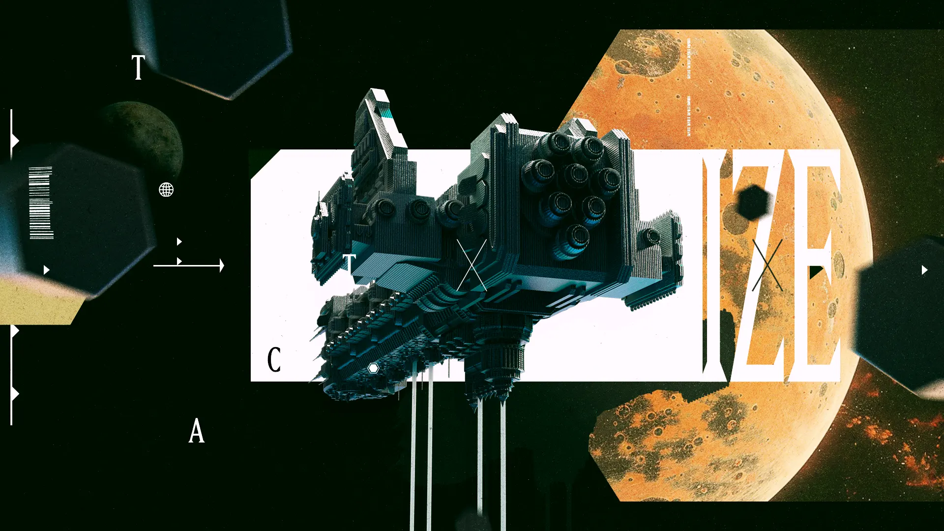 A futuristic spacecraft travels through space, approaching a large planet with orange hues in the background.