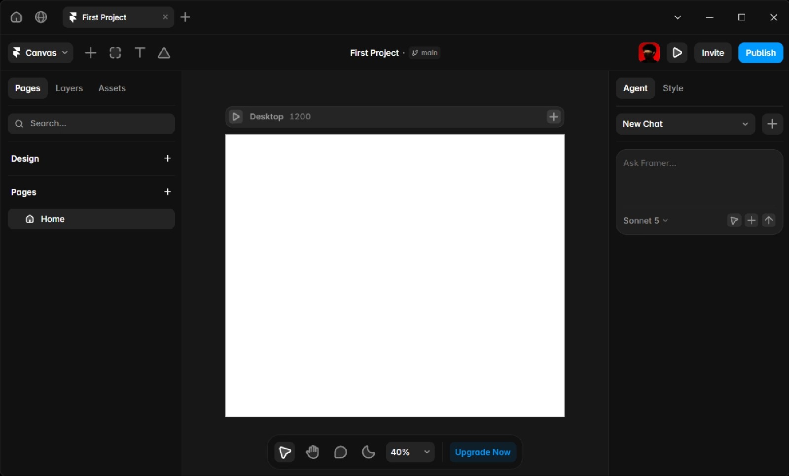 Blank Framer canvas ready for design, framed by the left page hierarchy panel and top editing toolbar.