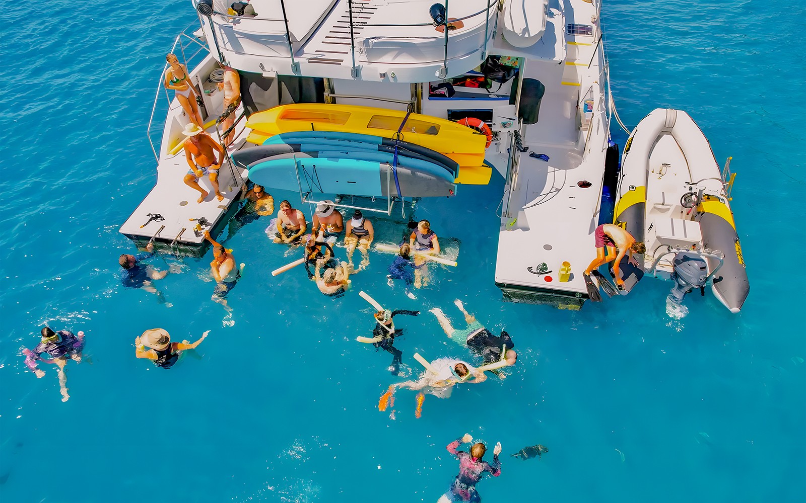 Tourists swimming near a chartered catamaran in the Whitsundays.