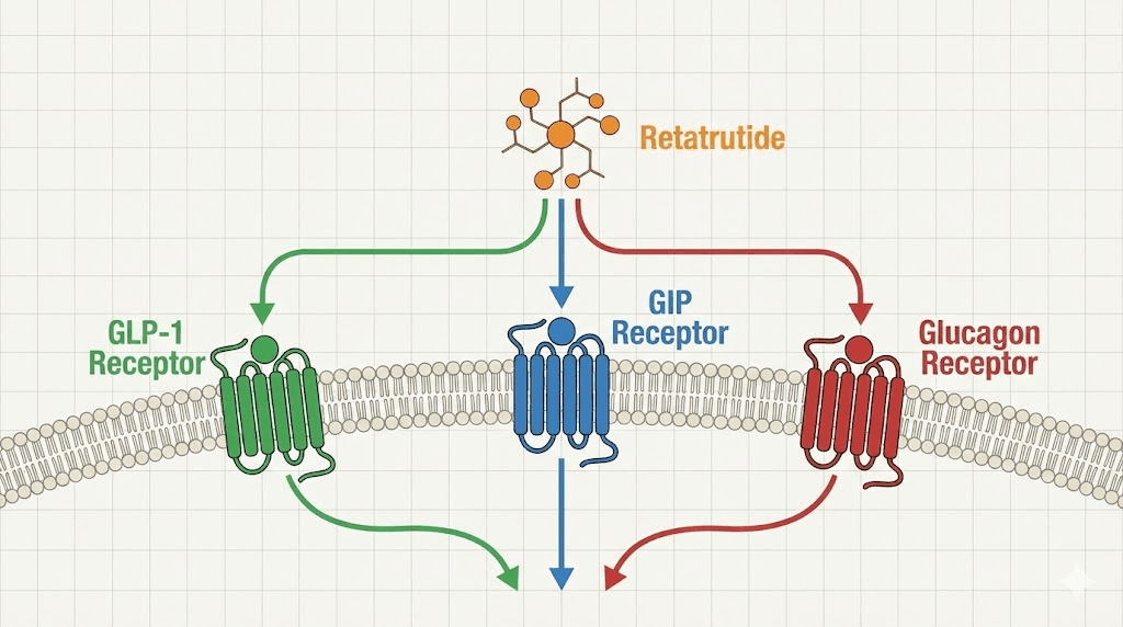Retatrutide triple agonist mechanism of action at GLP-1 GIP and glucagon receptors