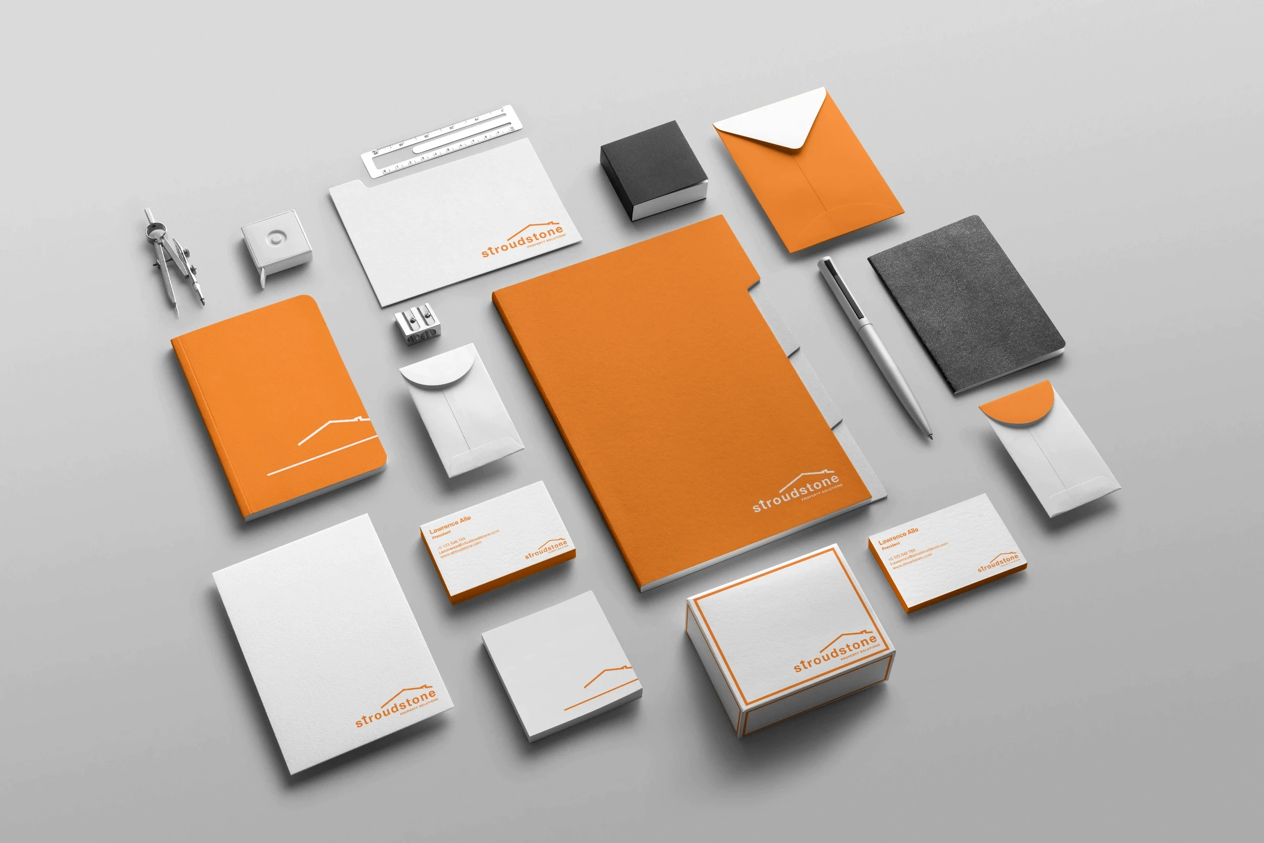 Corporate brand identity system for Stroudstone including stationery, business cards, packaging and branded office materials.