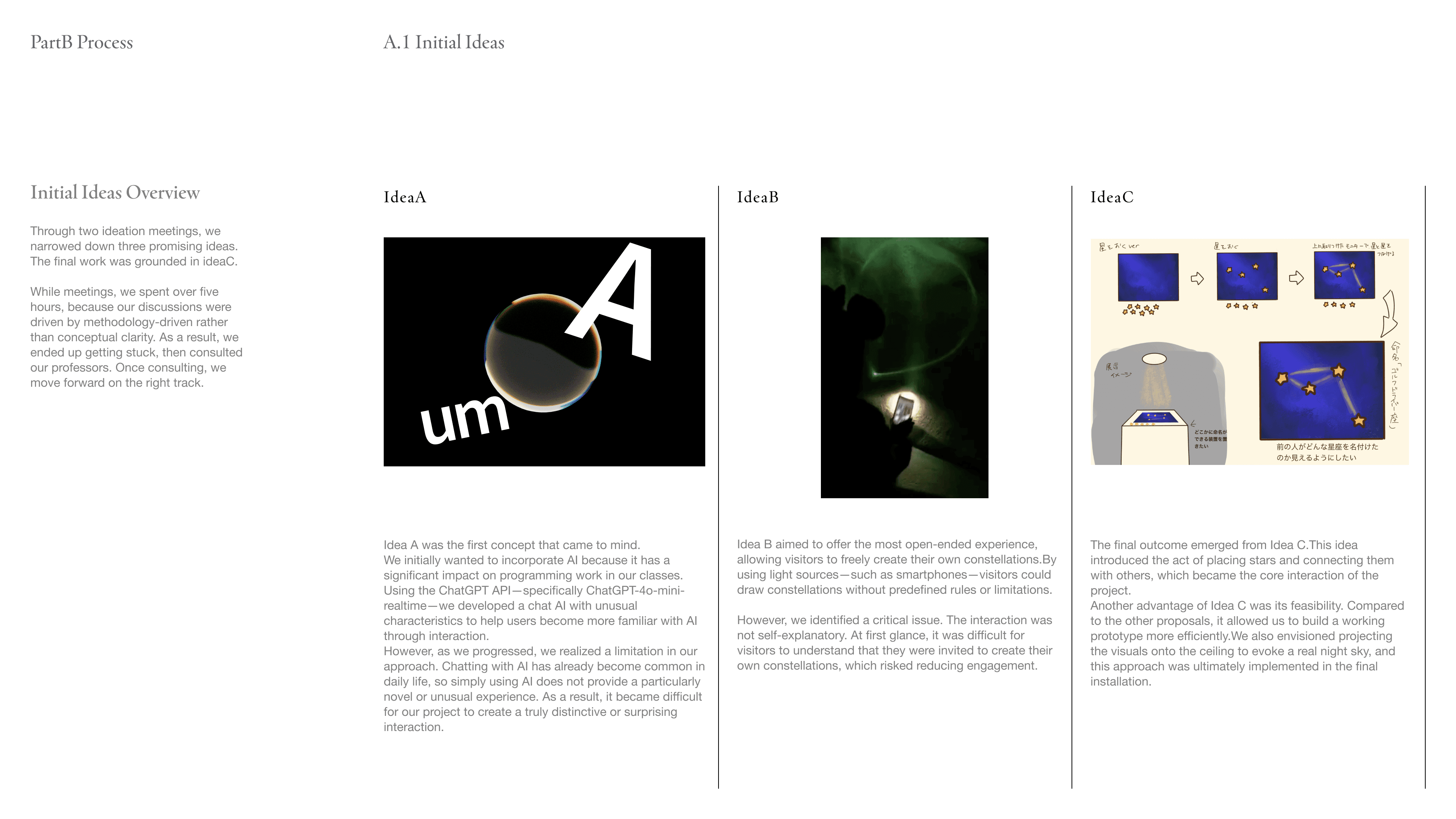 Through two ideation meetings, we narrowed down three promising ideas. The final work was grounded in ideaC. 