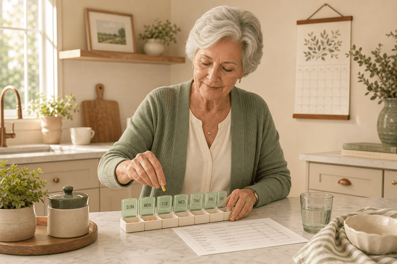 Senior organizing weekly pill box with labeled medication list at home